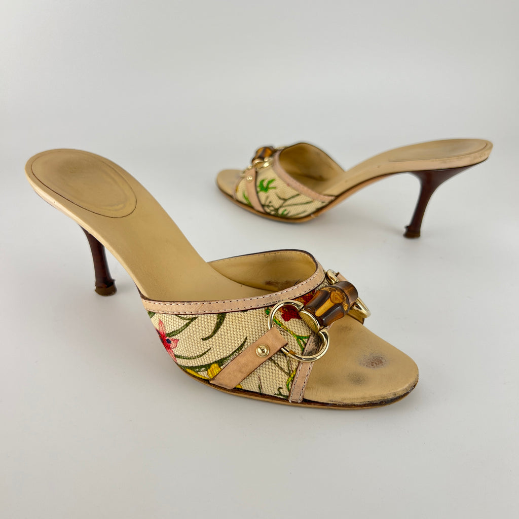 Gucci | Vintage Tom Ford Era Floral Bamboo Horse Bit Canvas Slide Mules Rare (36.5C)