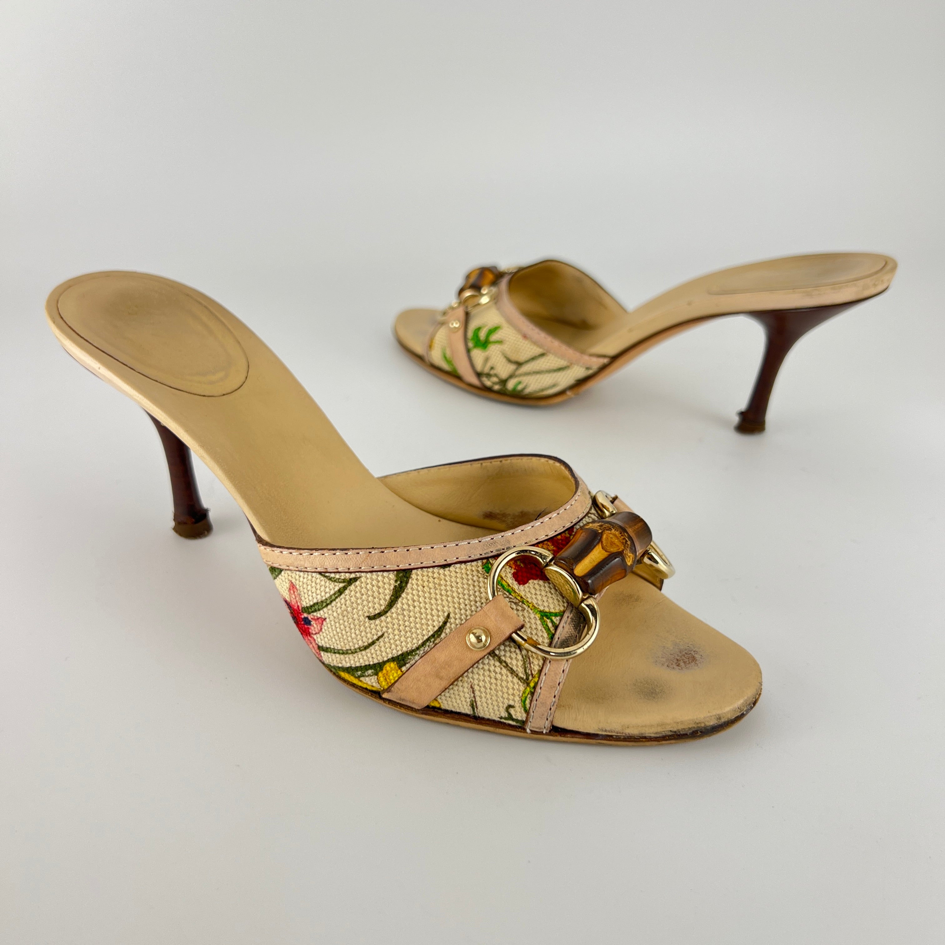 Gucci | Vintage Tom Ford Era Floral Bamboo Horse Bit Canvas Slide Mules Rare (36.5C)