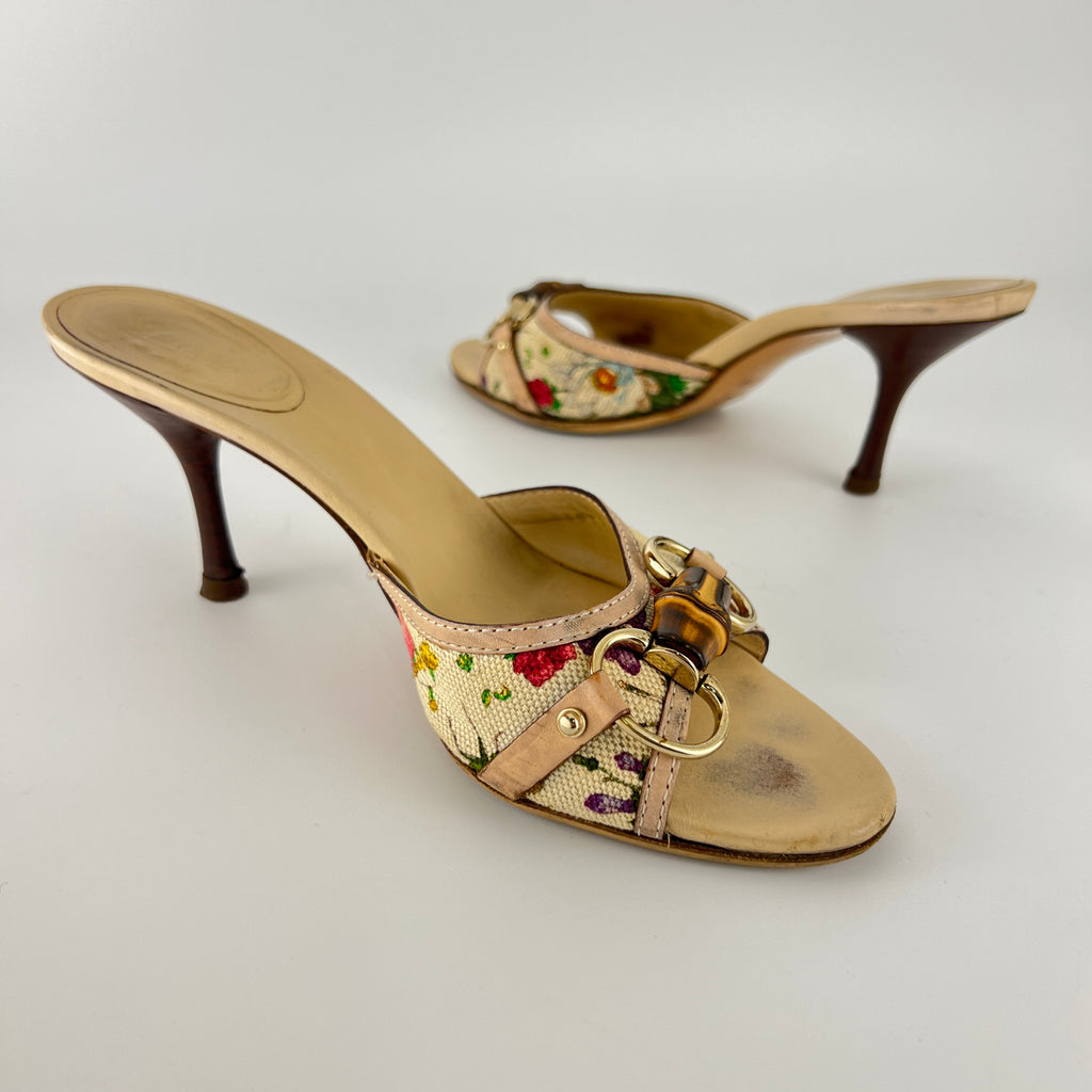 Gucci | Vintage Tom Ford Era Floral Bamboo Horse Bit Canvas Slide Mules Rare (36.5C)