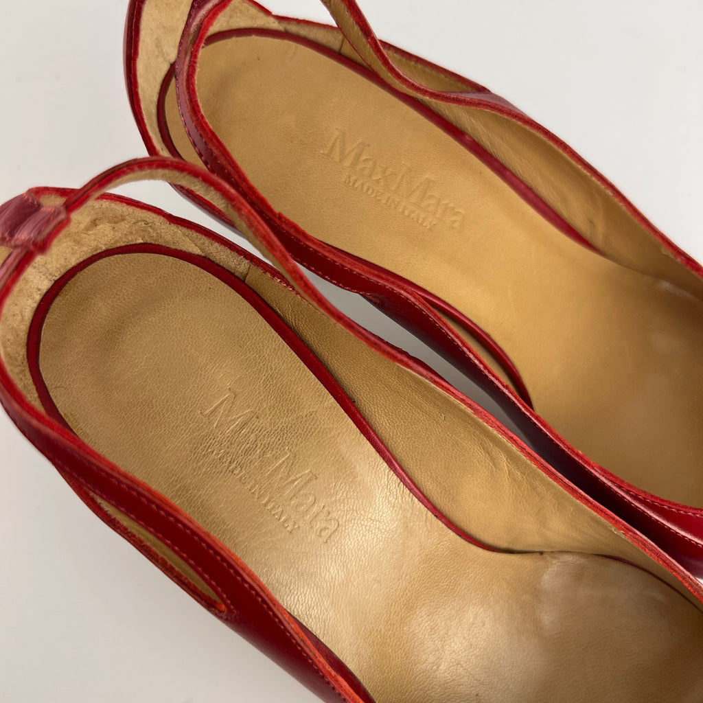 Max Mara | Red Leather Cut-Out Pointed Toe Kitten Heel Pumps (37)