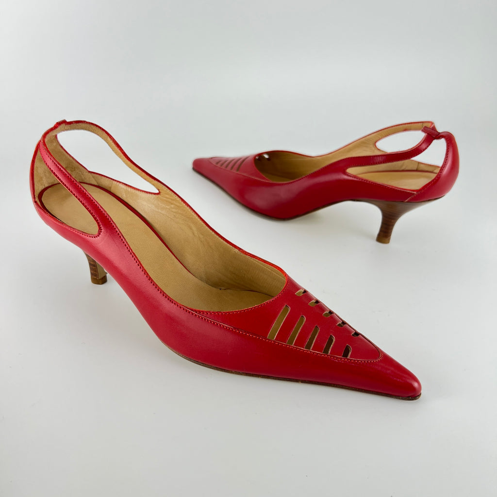 Max Mara | Red Leather Cut-Out Pointed Toe Kitten Heel Pumps (37)