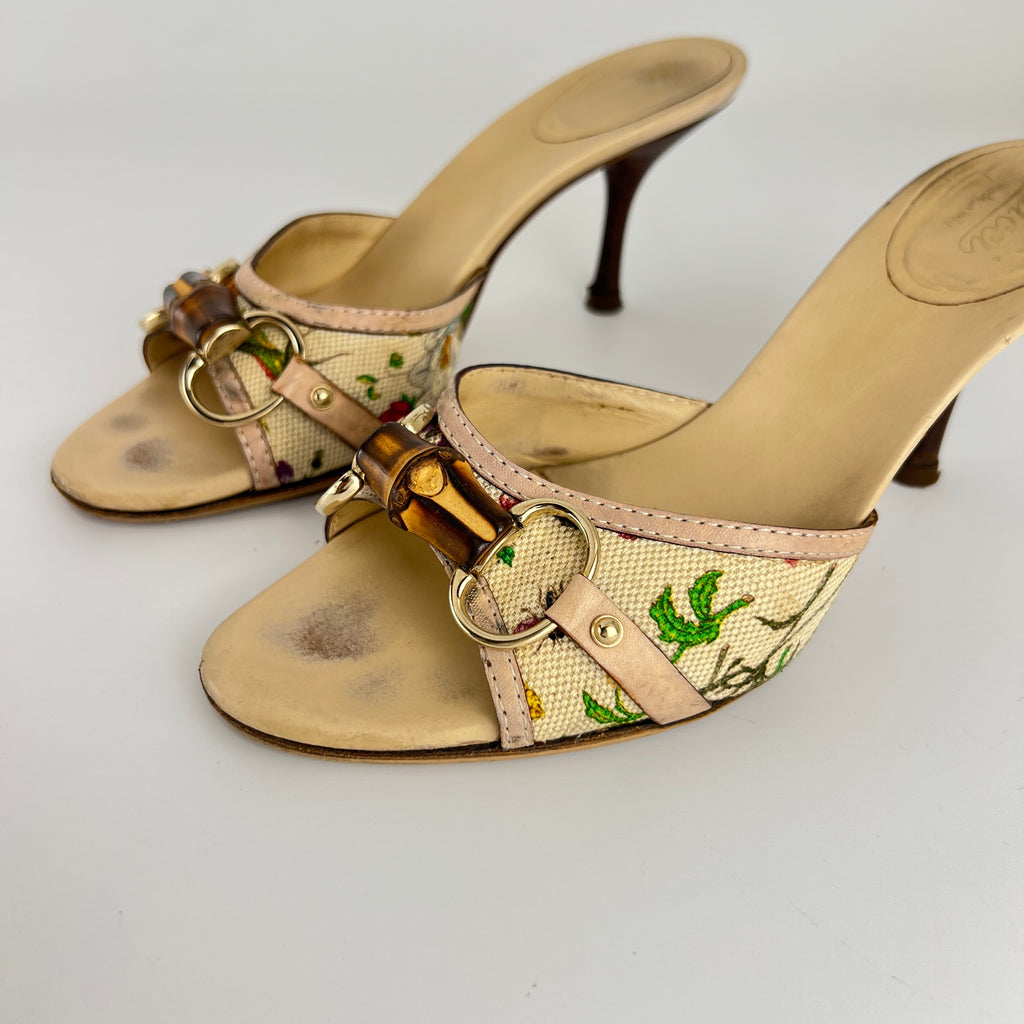 Gucci | Vintage Tom Ford Era Floral Bamboo Horse Bit Canvas Slide Mules Rare (36.5C)
