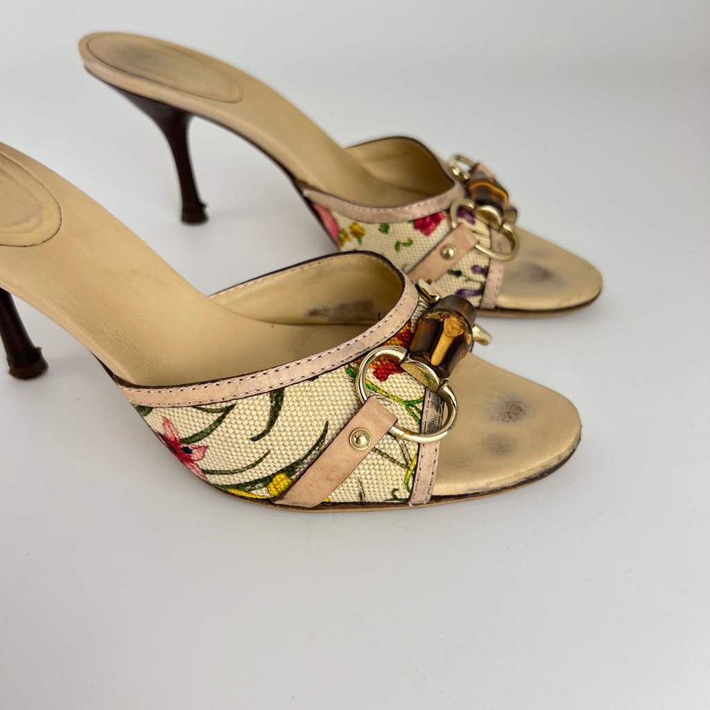 Gucci | Vintage Tom Ford Era Floral Bamboo Horse Bit Canvas Slide Mules Rare (36.5C)