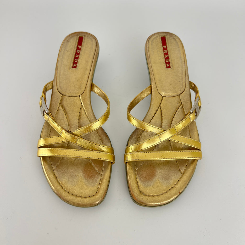 Prada | Vintage Gold Leather Logo Buckle Strappy Kitten Heel Slide Mules (36.5)