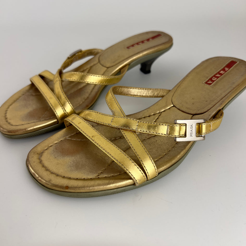 Prada | Vintage Gold Leather Logo Buckle Strappy Kitten Heel Slide Mules (36.5)