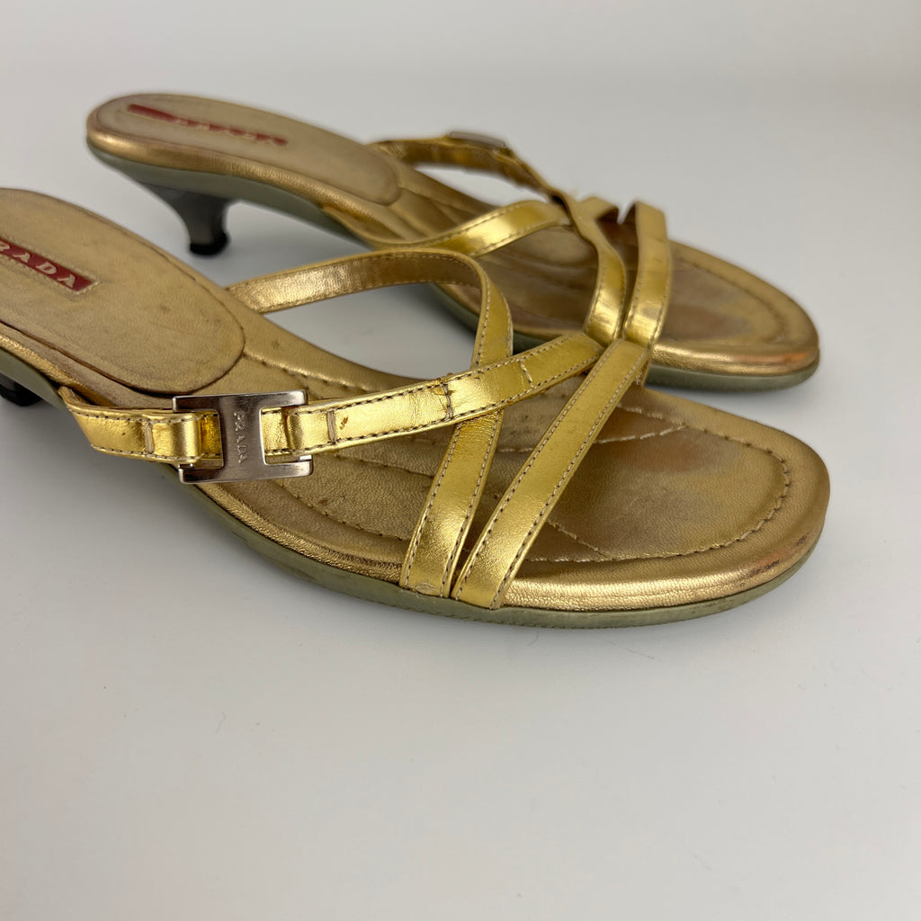 Prada | Vintage Gold Leather Logo Buckle Strappy Kitten Heel Slide Mules (36.5)