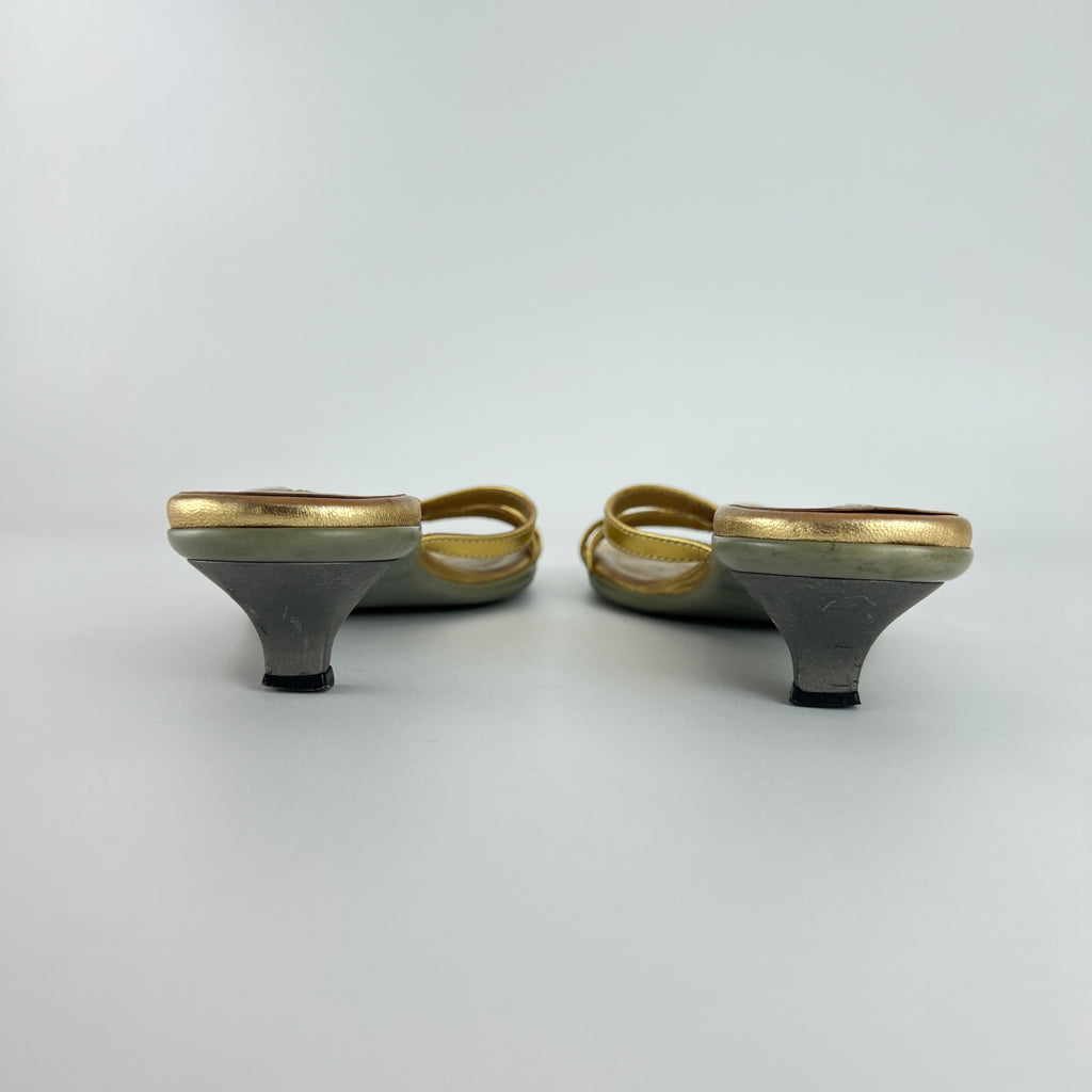 Prada | Vintage Gold Leather Logo Buckle Strappy Kitten Heel Slide Mules (36.5)