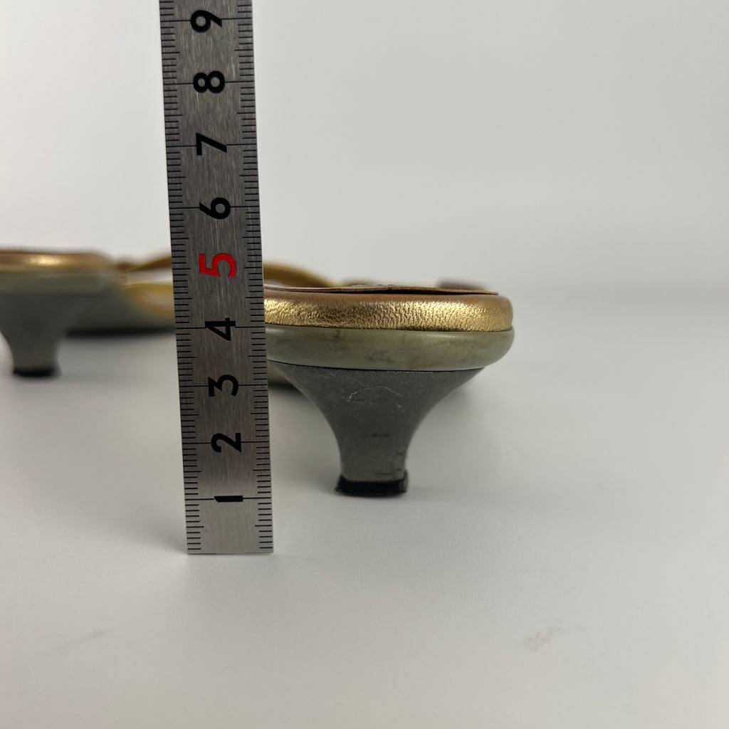 Prada | Vintage Gold Leather Logo Buckle Strappy Kitten Heel Slide Mules (36.5)