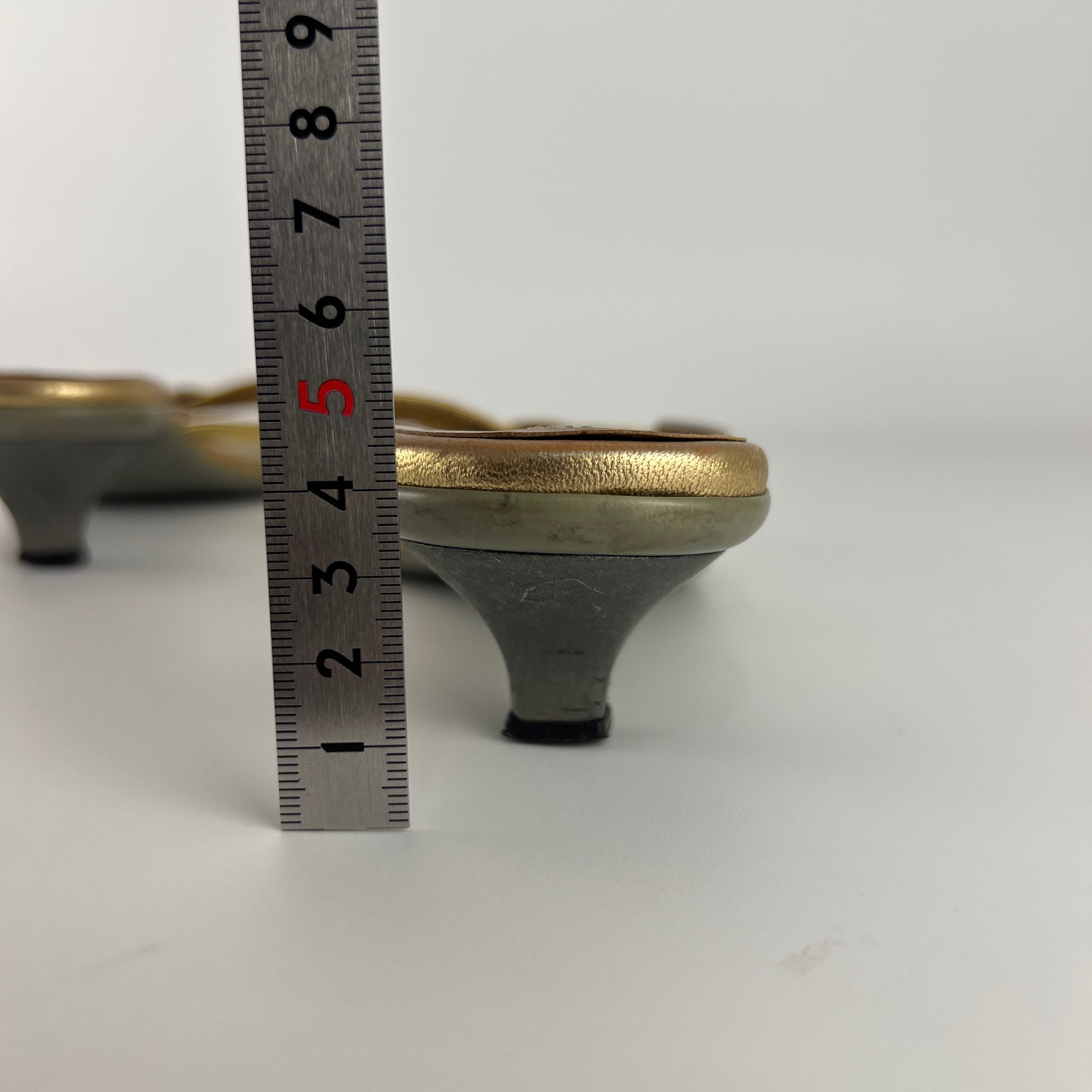 Prada | Vintage Gold Leather Logo Buckle Strappy Kitten Heel Slide Mules (36.5)