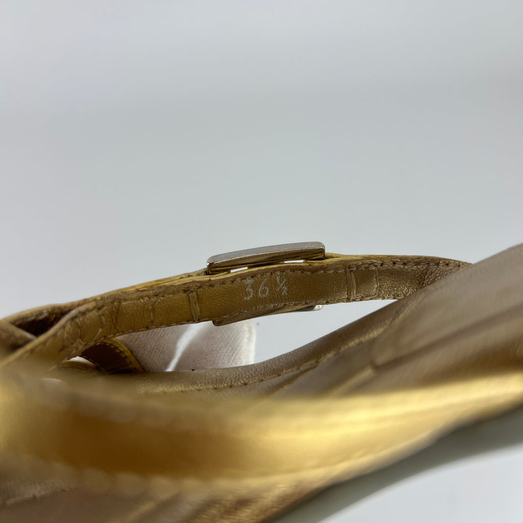 Prada | Vintage Gold Leather Logo Buckle Strappy Kitten Heel Slide Mules (36.5)