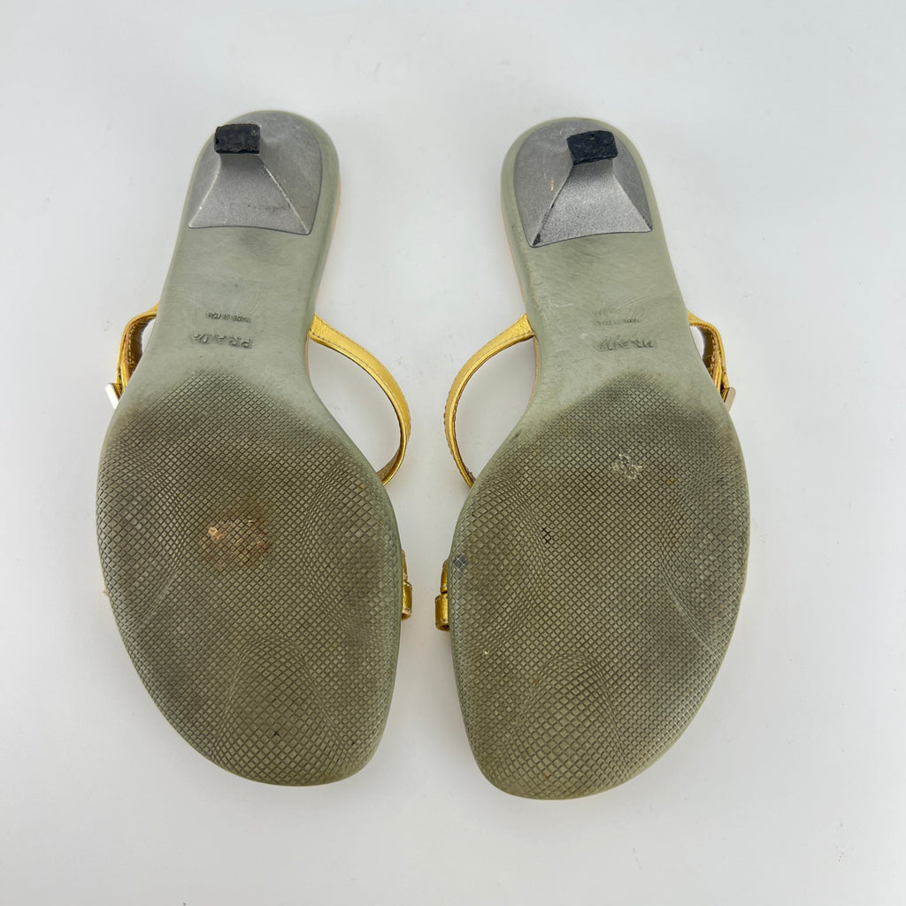 Prada | Vintage Gold Leather Logo Buckle Strappy Kitten Heel Slide Mules (36.5)