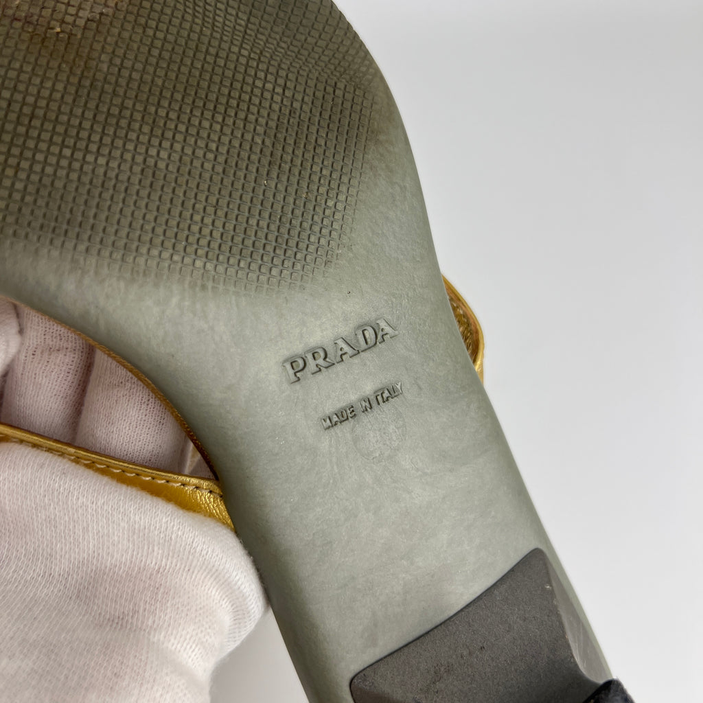 Prada | Vintage Gold Leather Logo Buckle Strappy Kitten Heel Slide Mules (36.5)