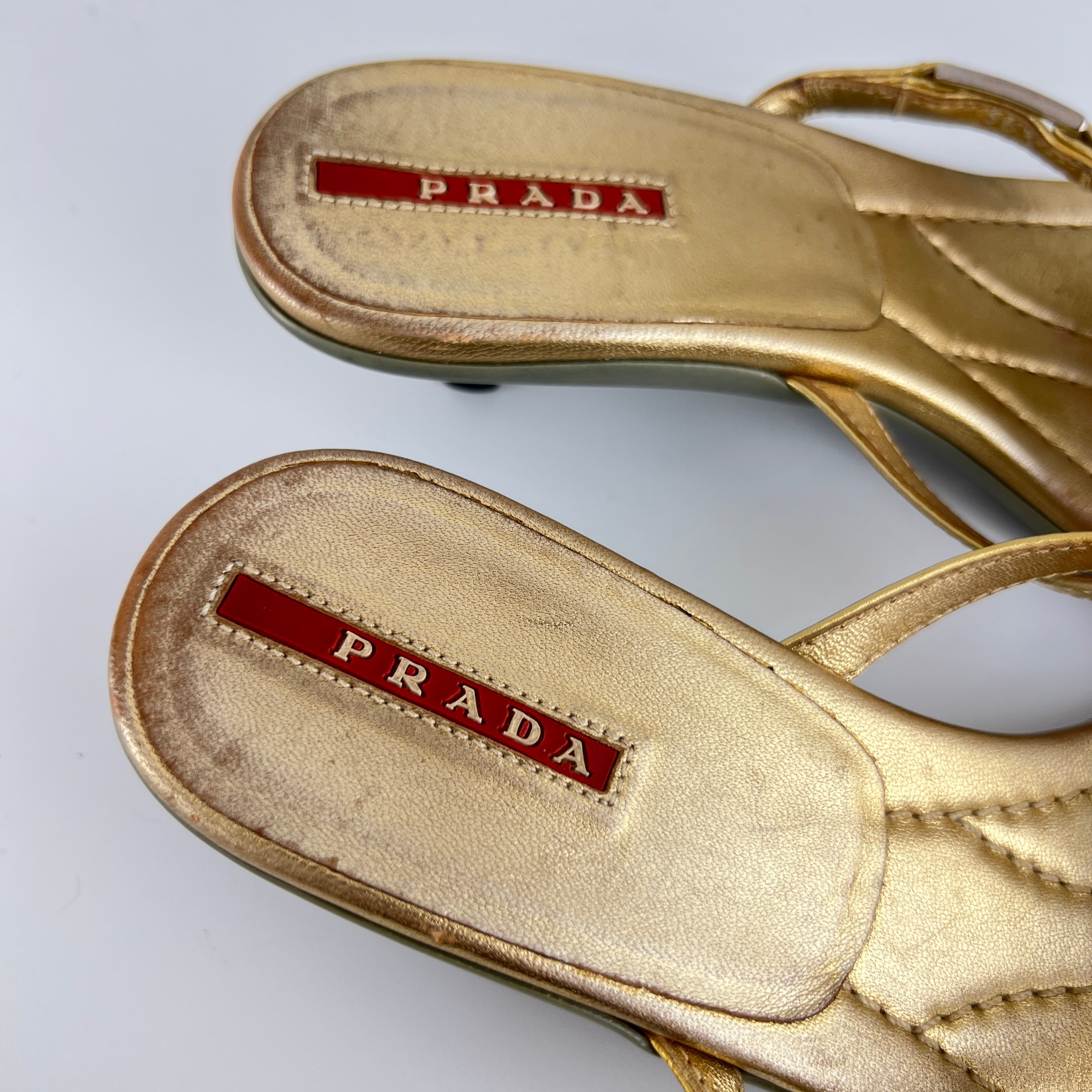 Prada | Vintage Gold Leather Logo Buckle Strappy Kitten Heel Slide Mules (36.5)