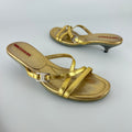 Prada | Vintage Gold Leather Logo Buckle Strappy Kitten Heel Slide Mules (36.5)