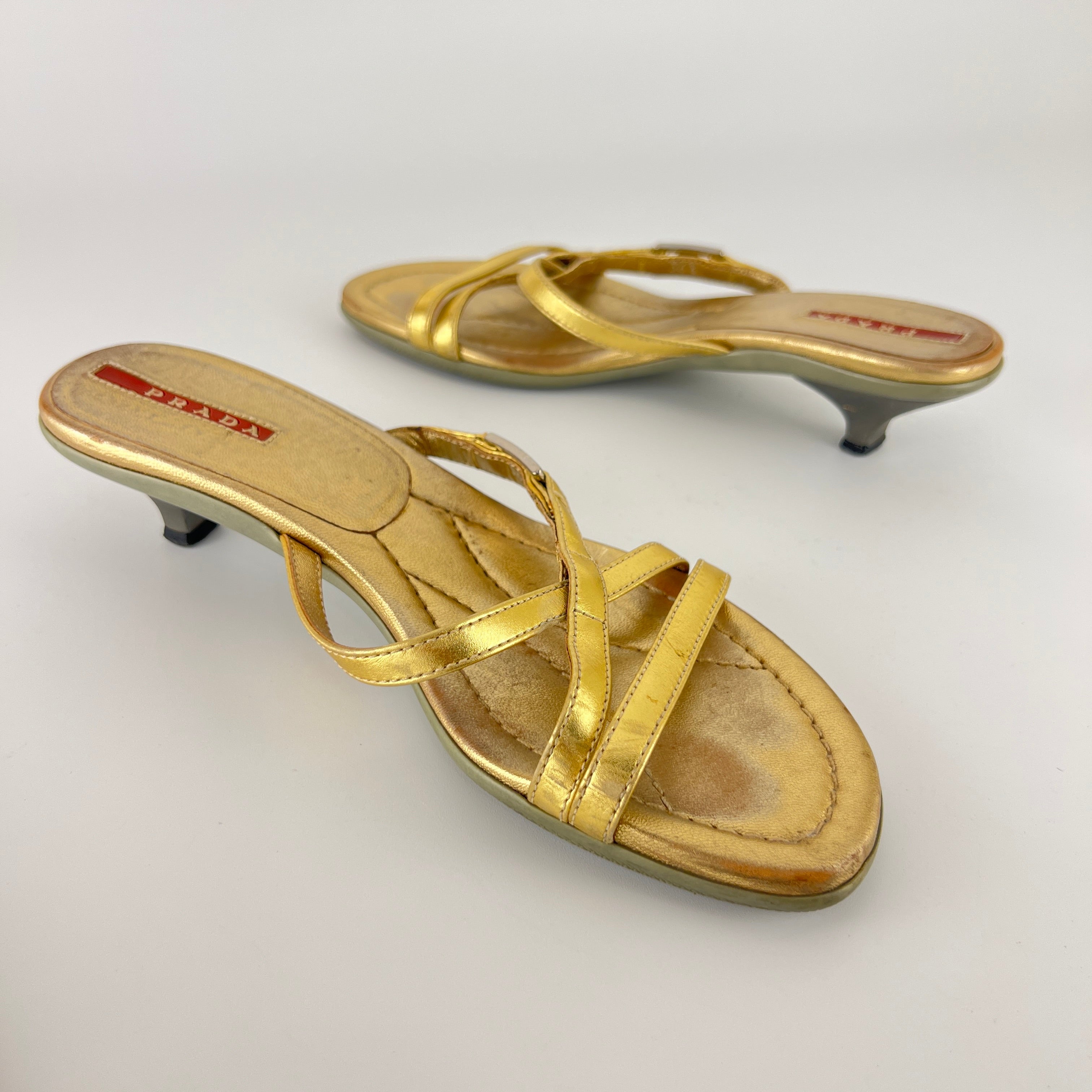 Prada | Vintage Gold Leather Logo Buckle Strappy Kitten Heel Slide Mules (36.5)