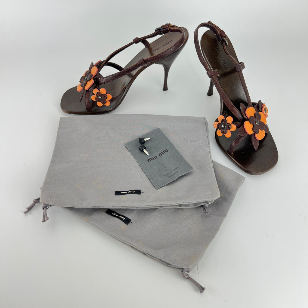 Miu Miu | Flower Applique Brown Orange Leather Strappy Sandal Heels (37)