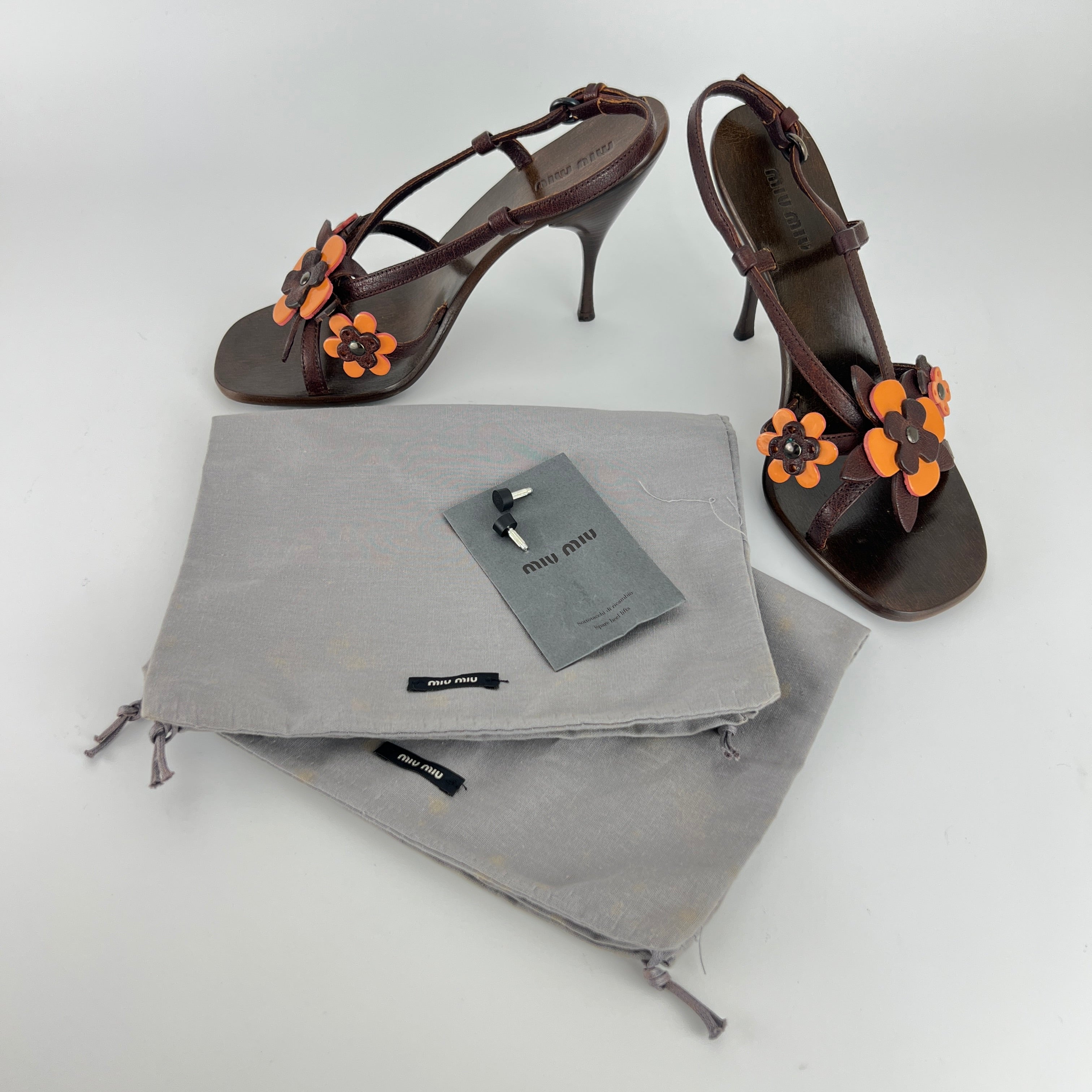 Miu Miu | Flower Applique Brown Orange Leather Strappy Sandal Heels (37)