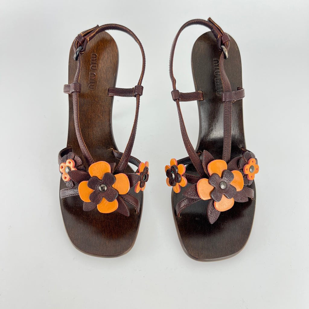 Miu Miu | Flower Applique Brown Orange Leather Strappy Sandal Heels (37)
