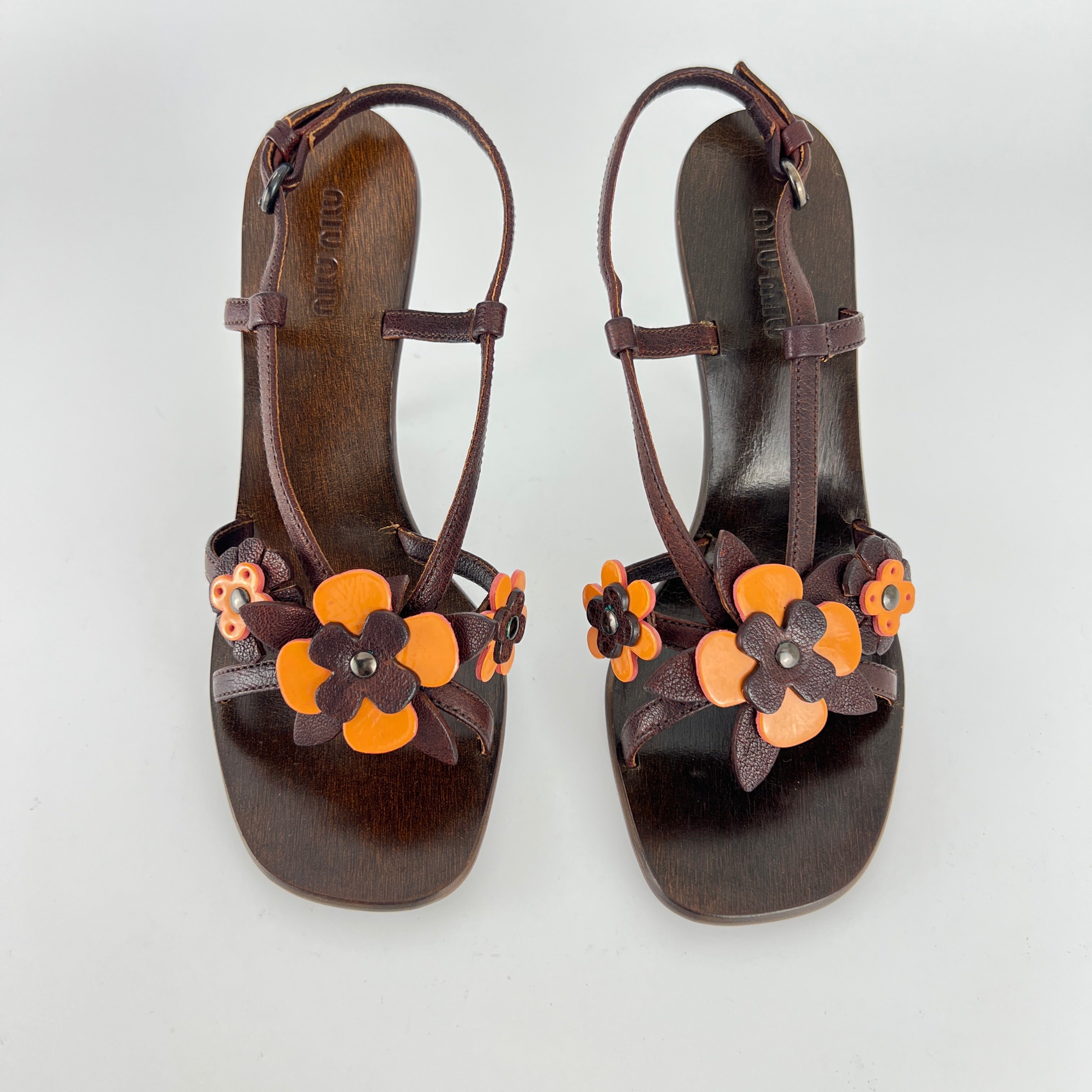 Miu Miu | Flower Applique Brown Orange Leather Strappy Sandal Heels (37)