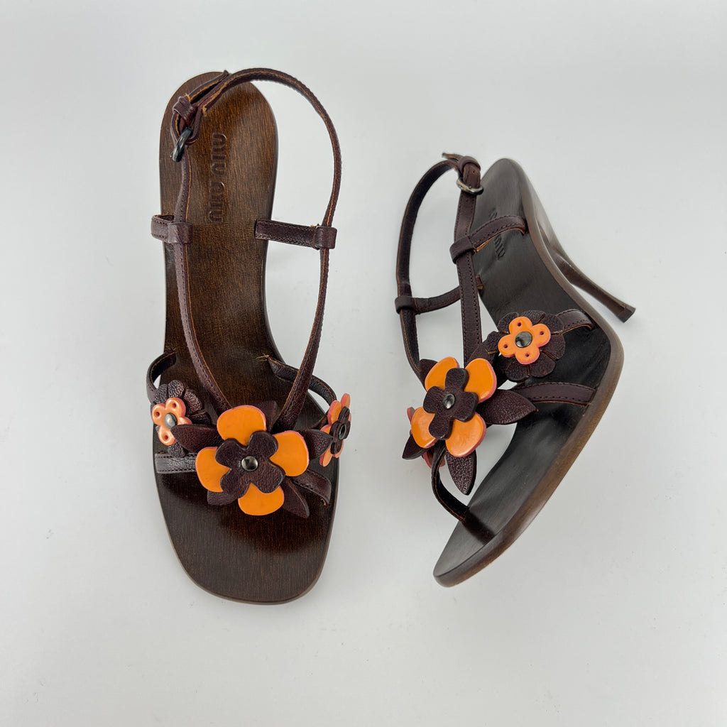 Miu Miu | Flower Applique Brown Orange Leather Strappy Sandal Heels (37)
