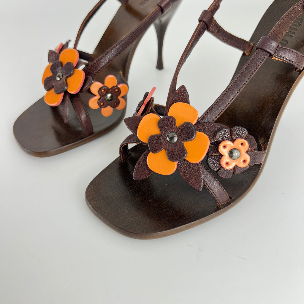 Miu Miu | Flower Applique Brown Orange Leather Strappy Sandal Heels (37)