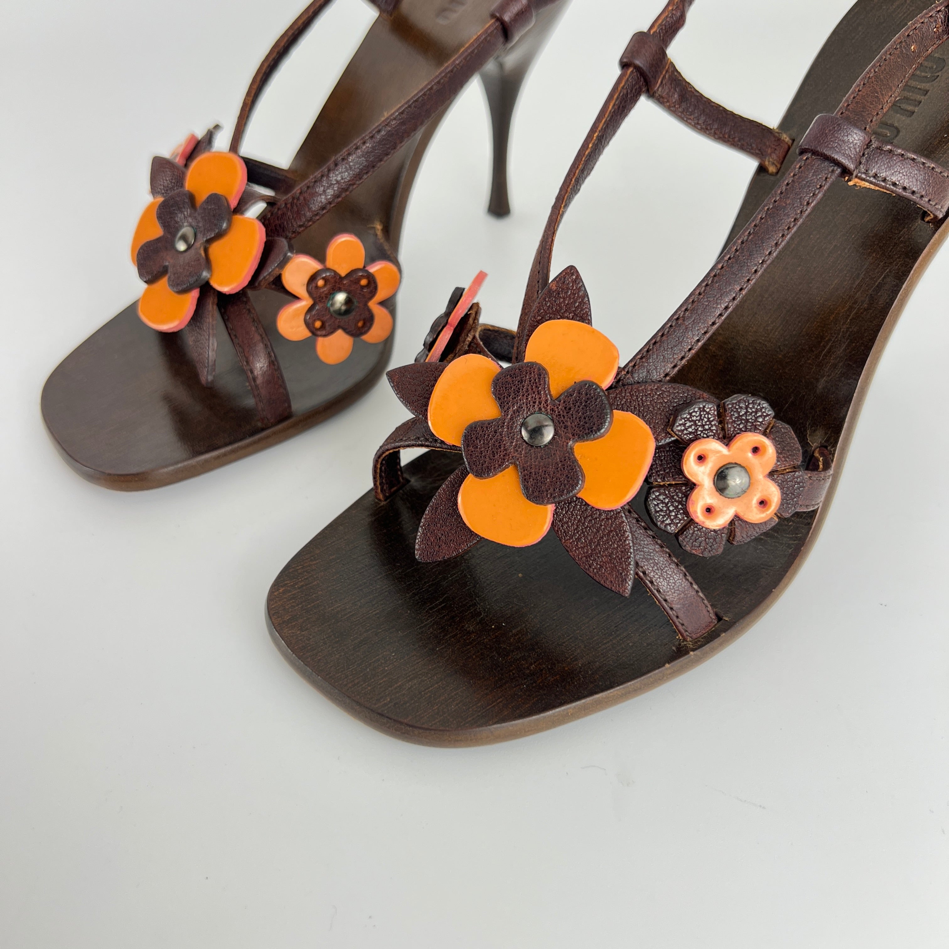 Miu Miu | Flower Applique Brown Orange Leather Strappy Sandal Heels (37)