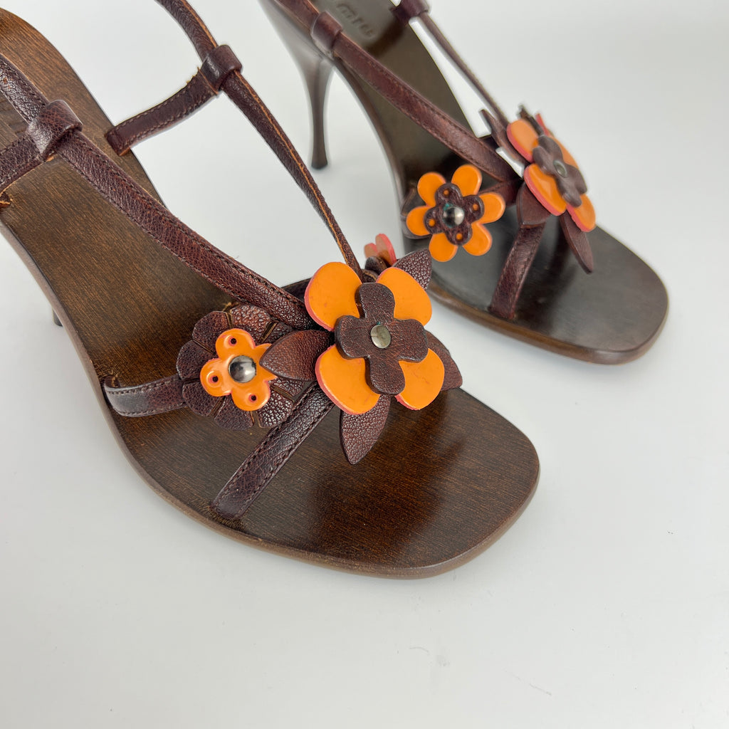 Miu Miu | Flower Applique Brown Orange Leather Strappy Sandal Heels (37)