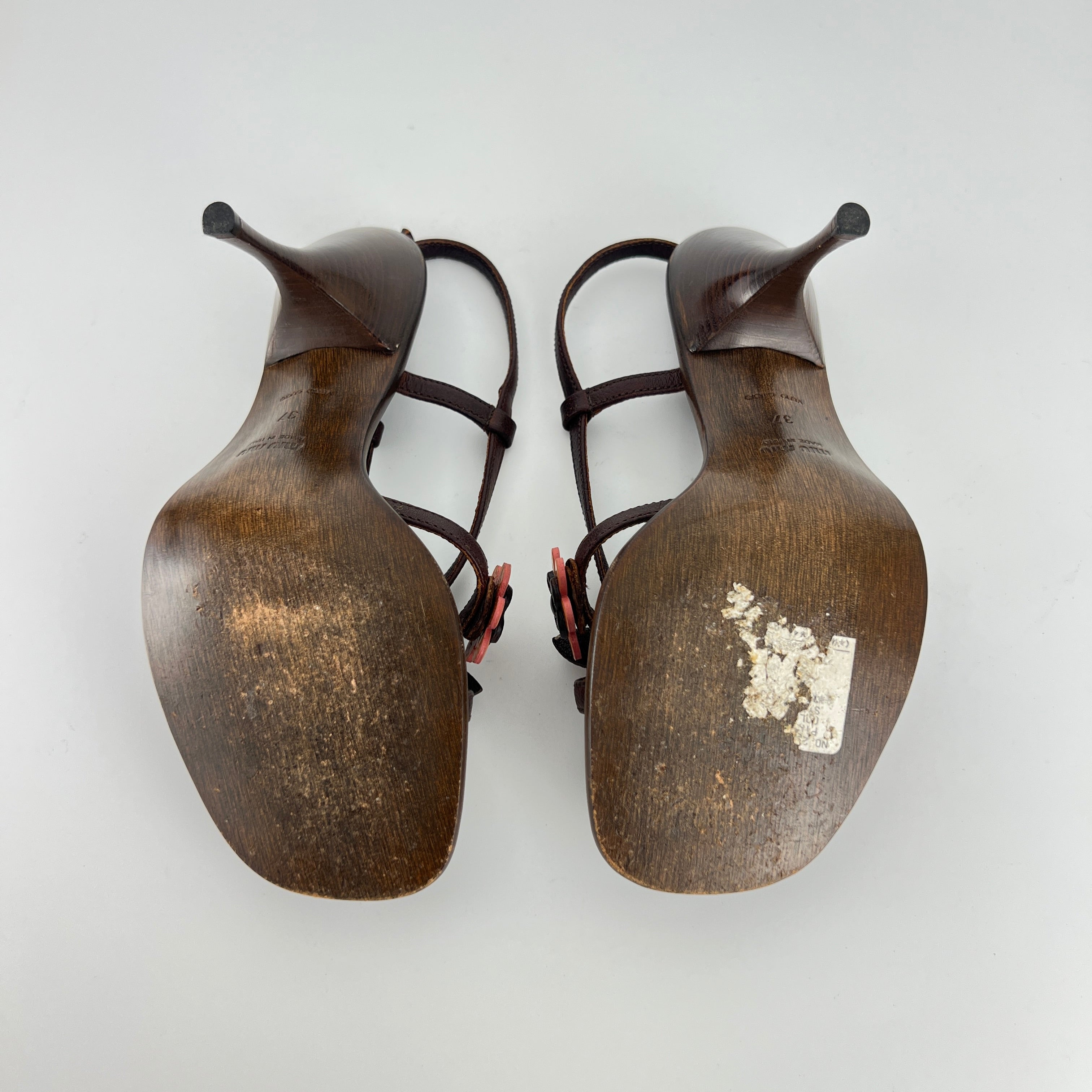 Miu Miu | Flower Applique Brown Orange Leather Strappy Sandal Heels (37)