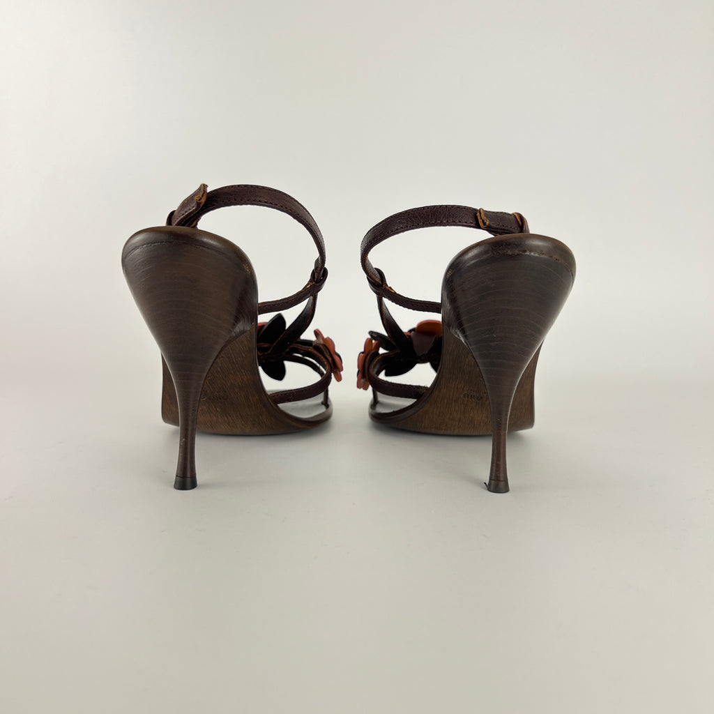 Miu Miu | Flower Applique Brown Orange Leather Strappy Sandal Heels (37)