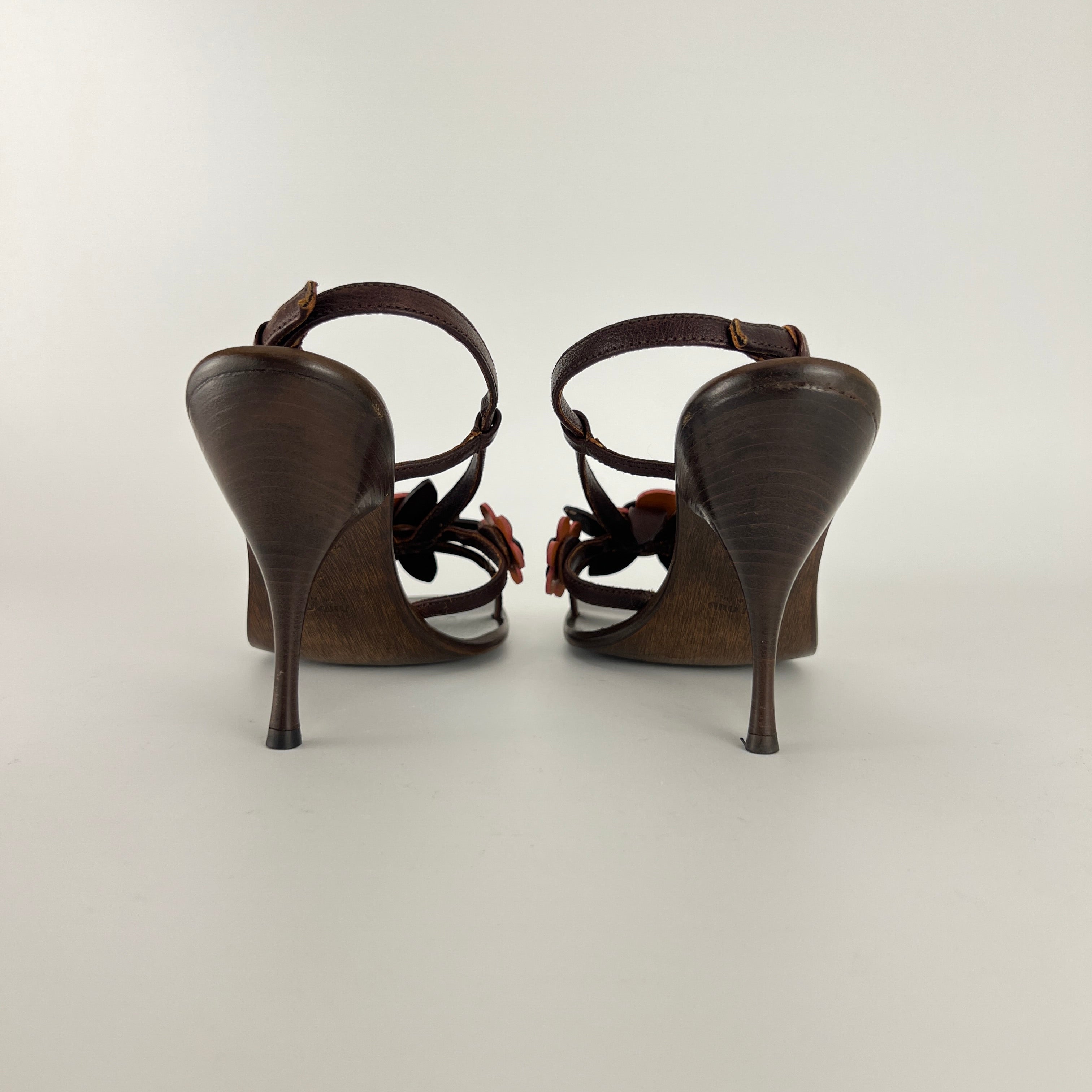 Miu Miu | Flower Applique Brown Orange Leather Strappy Sandal Heels (37)