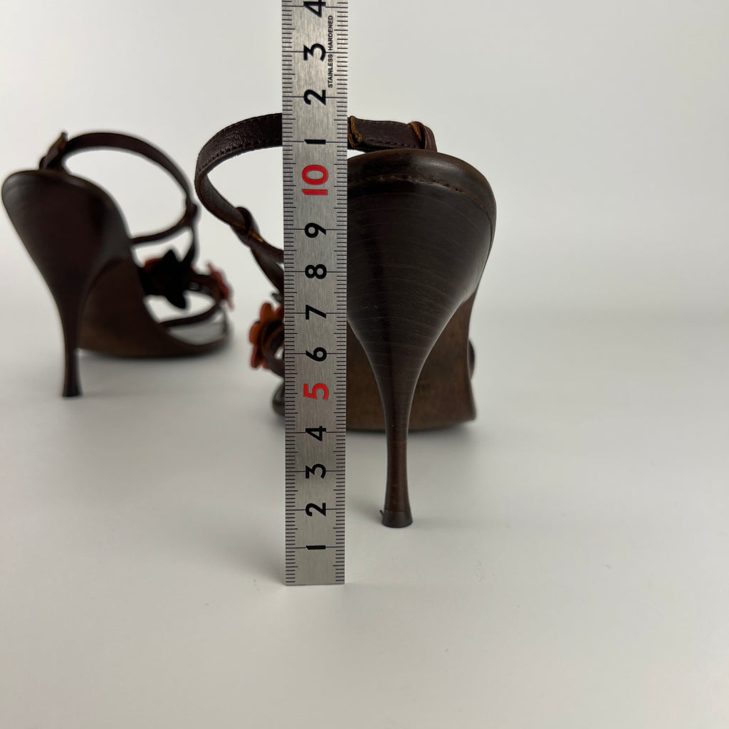 Miu Miu | Flower Applique Brown Orange Leather Strappy Sandal Heels (37)