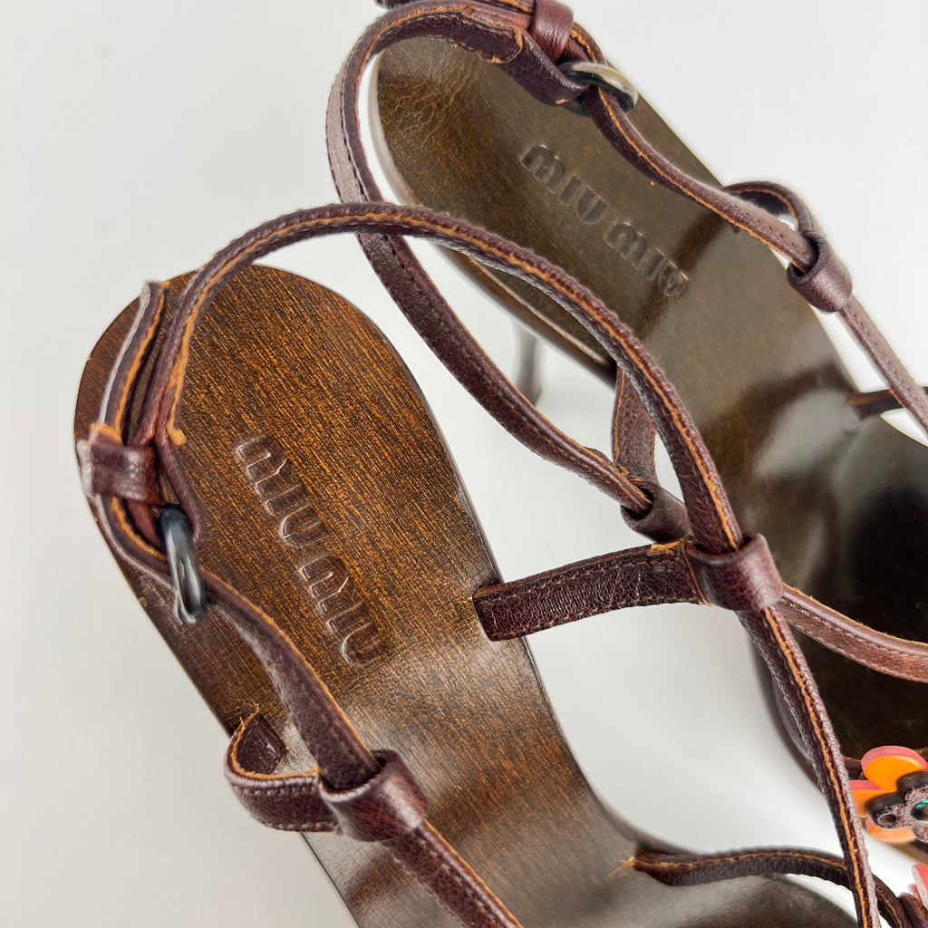 Miu Miu | Flower Applique Brown Orange Leather Strappy Sandal Heels (37)