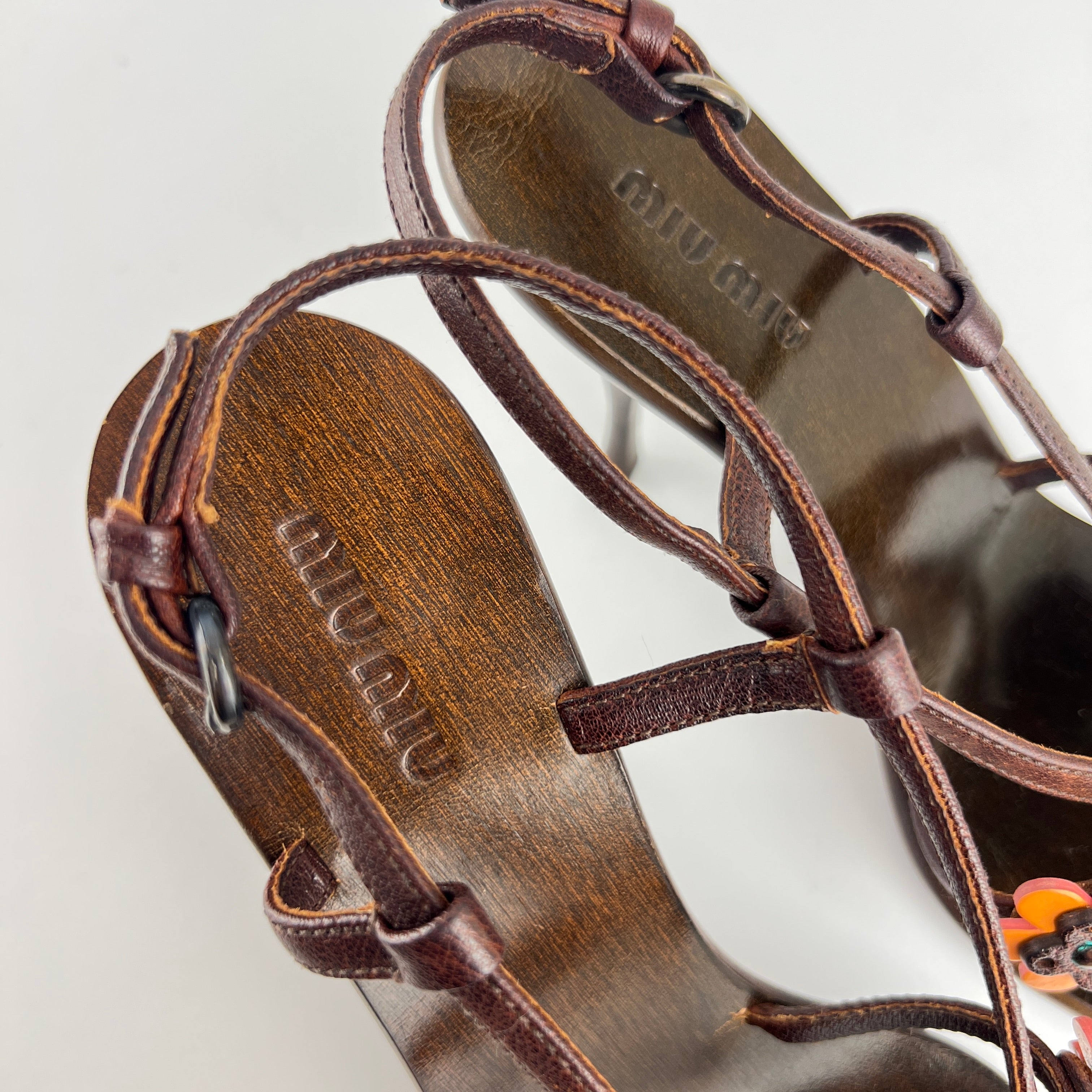 Miu Miu | Flower Applique Brown Orange Leather Strappy Sandal Heels (37)