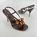 Miu Miu | Flower Applique Brown Orange Leather Strappy Sandal Heels (37)