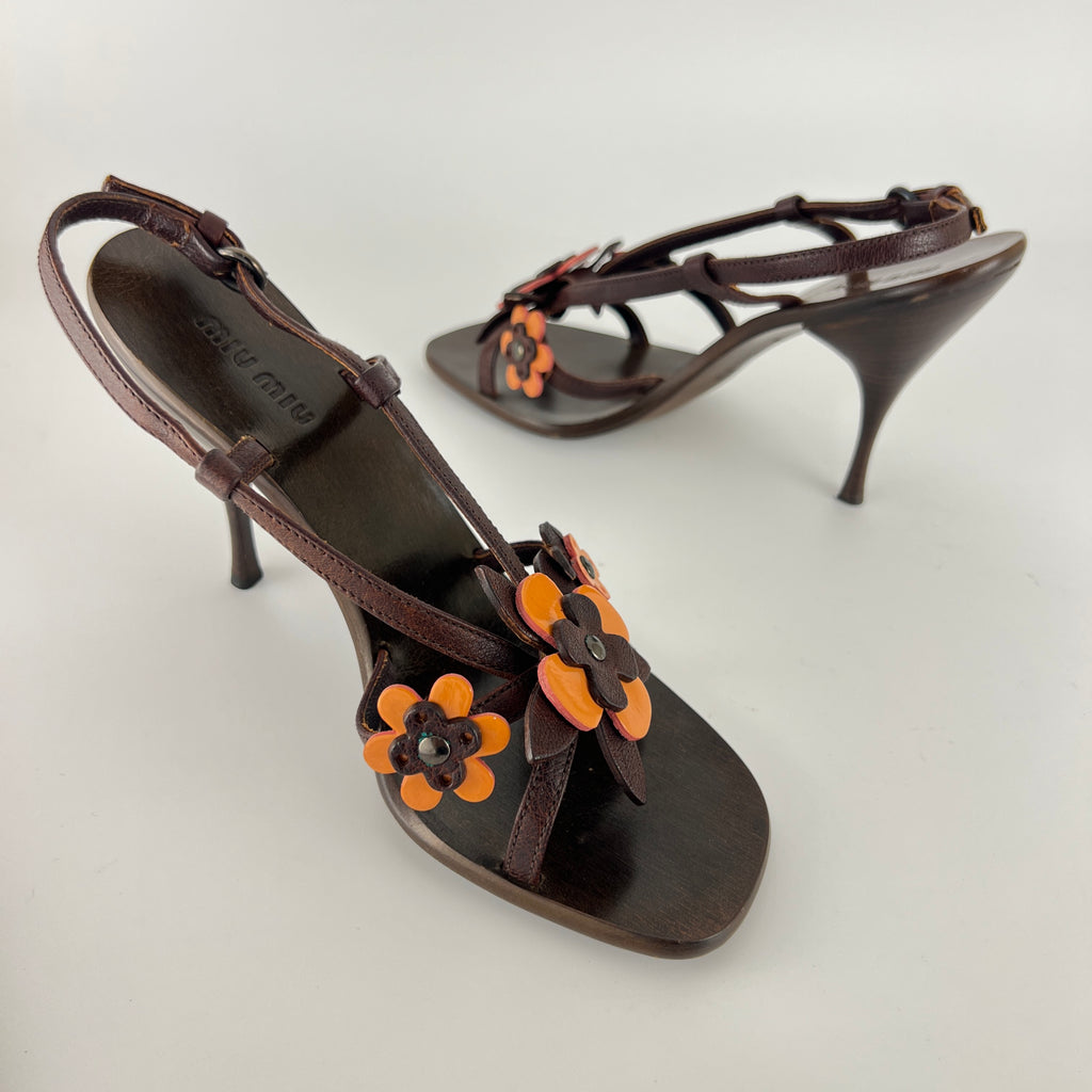 Miu Miu | Flower Applique Brown Orange Leather Strappy Sandal Heels (37)