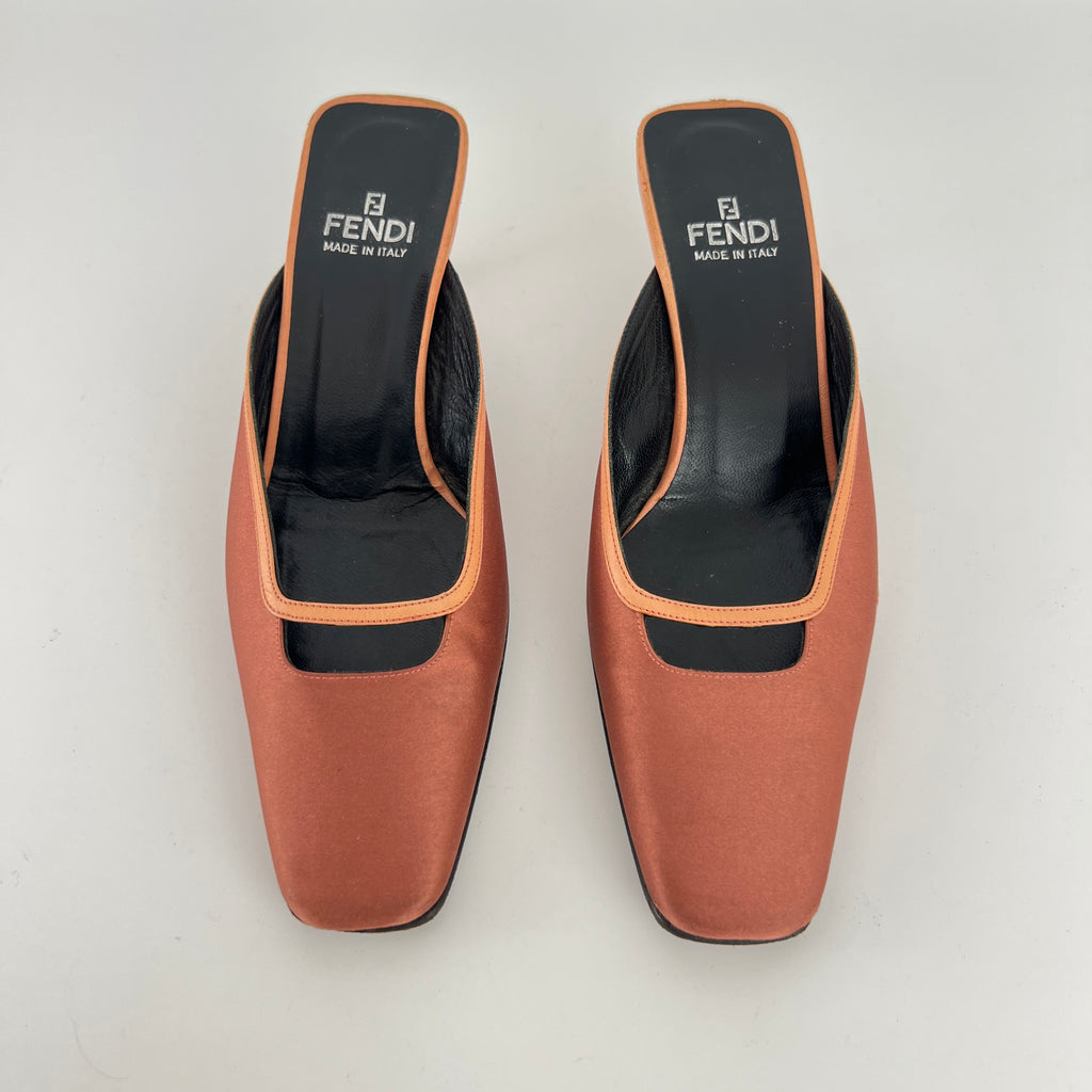 Fendi | Vintage Dusty Pink Satin Leather Trim Kitten Heel Slide Mules (36)