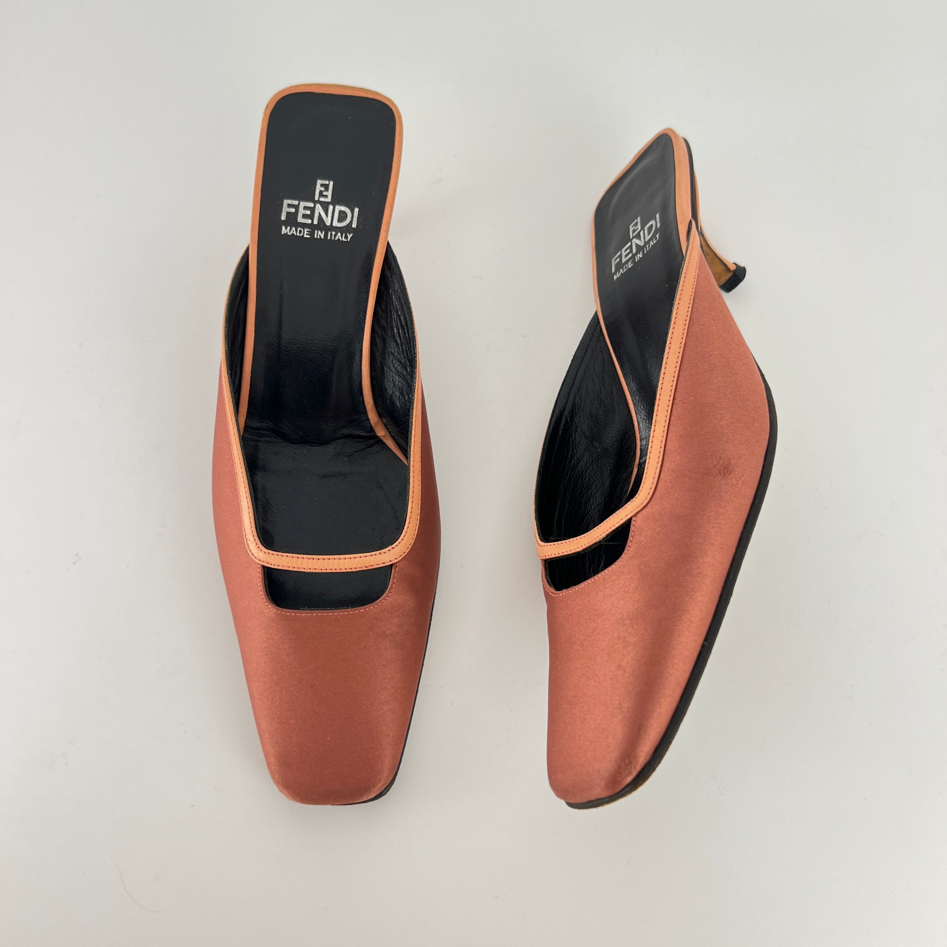 Fendi | Vintage Dusty Pink Satin Leather Trim Kitten Heel Slide Mules (36)
