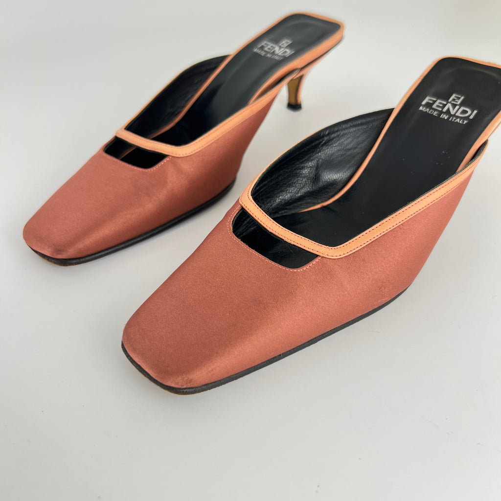Fendi | Vintage Dusty Pink Satin Leather Trim Kitten Heel Slide Mules (36)