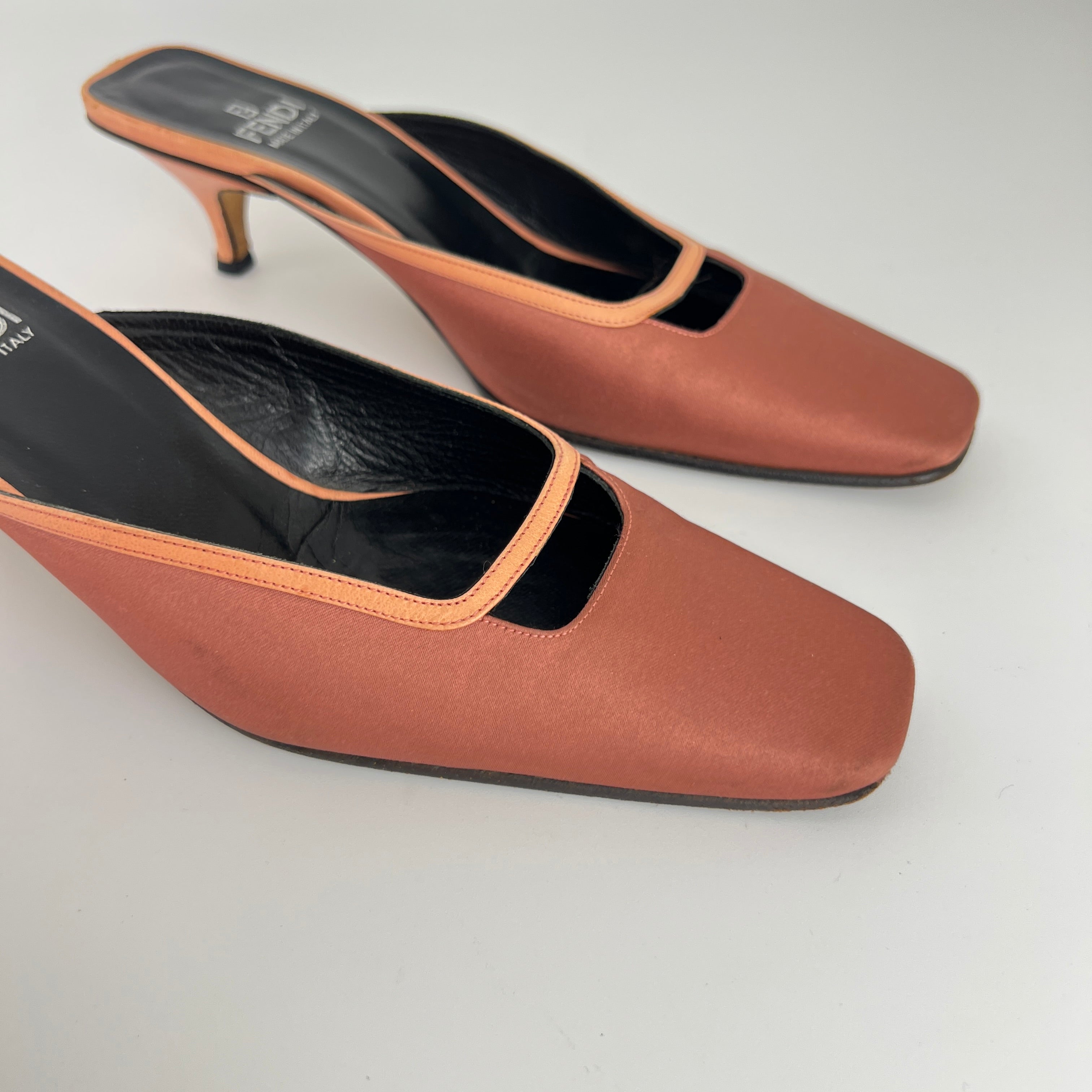Fendi | Vintage Dusty Pink Satin Leather Trim Kitten Heel Slide Mules (36)