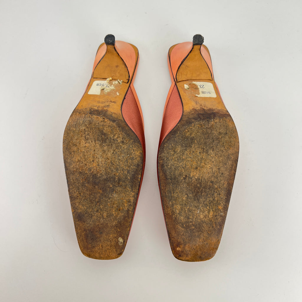 Fendi | Vintage Dusty Pink Satin Leather Trim Kitten Heel Slide Mules (36)
