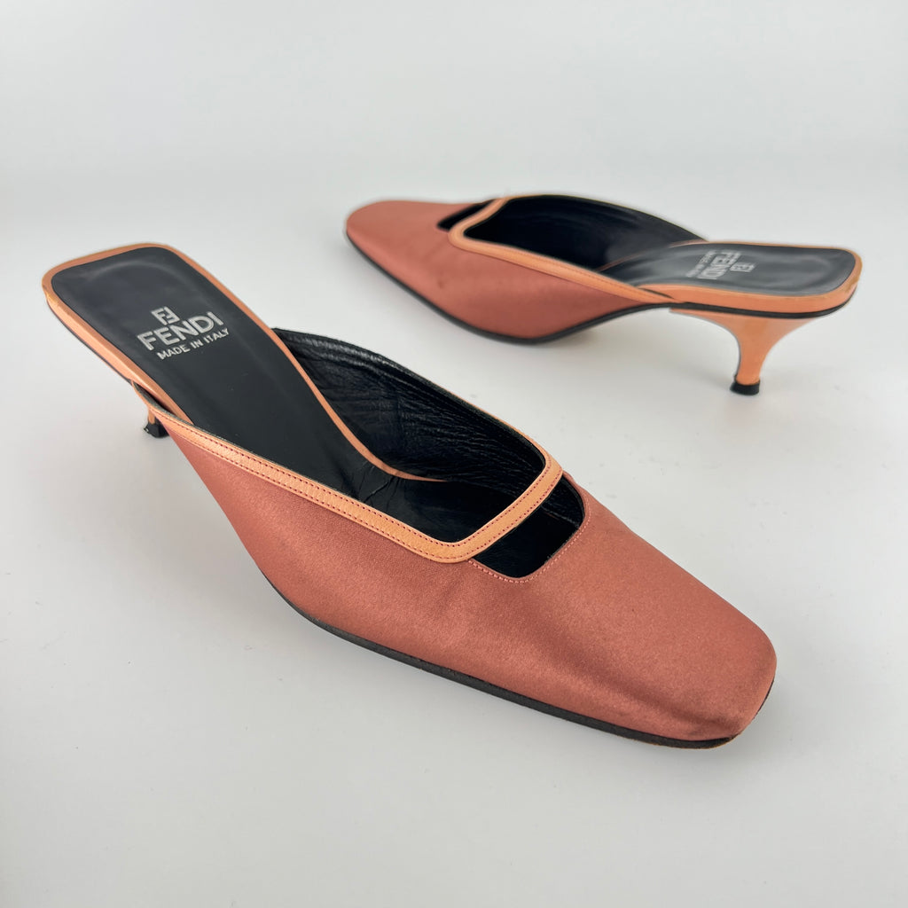 Fendi | Vintage Dusty Pink Satin Leather Trim Kitten Heel Slide Mules (36)