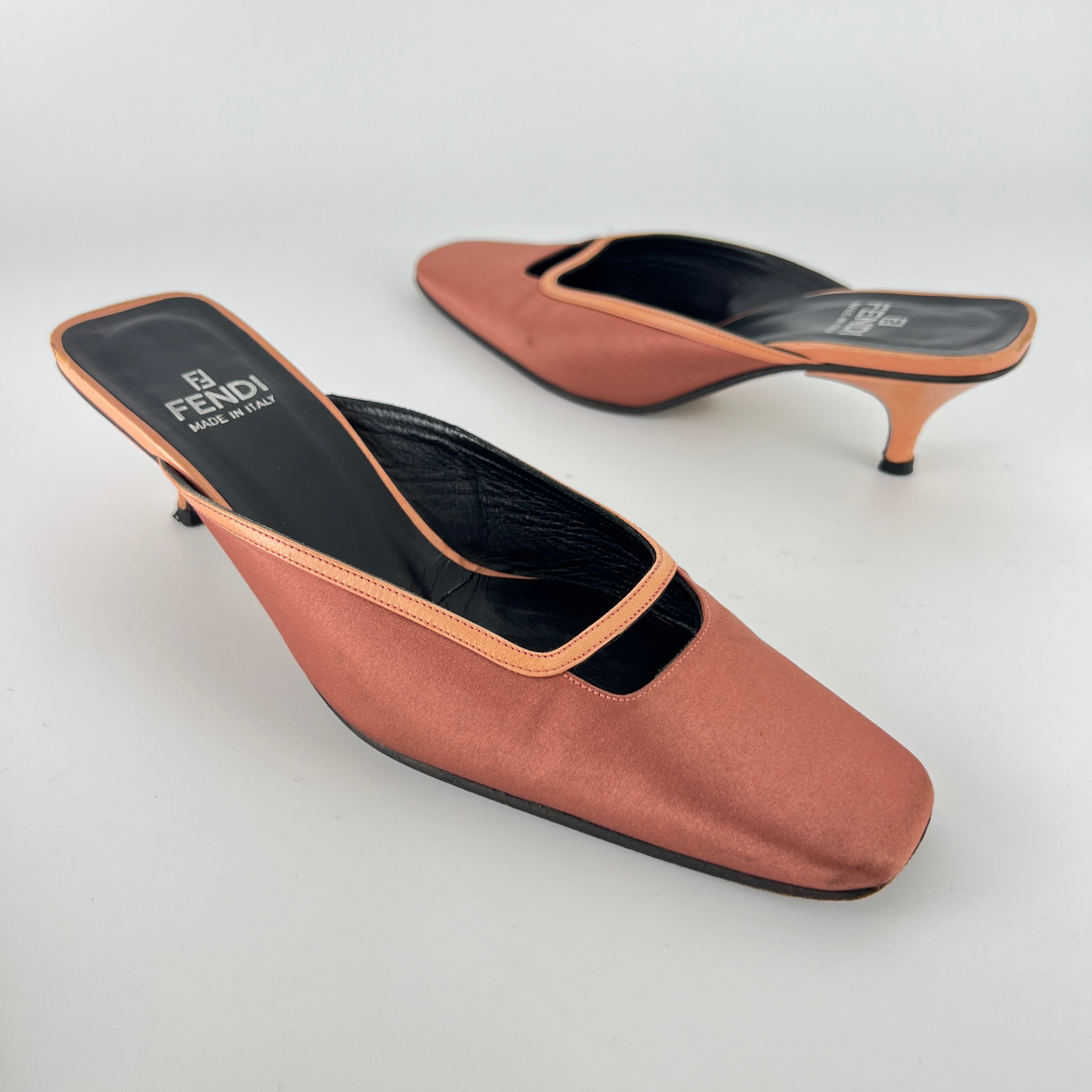 Fendi | Vintage Dusty Pink Satin Leather Trim Kitten Heel Slide Mules (36)