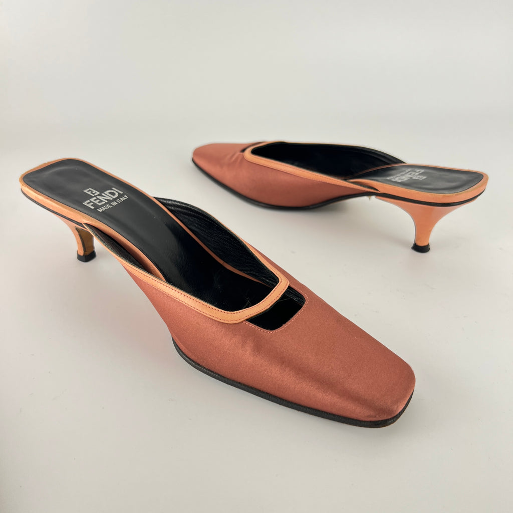 Fendi | Vintage Dusty Pink Satin Leather Trim Kitten Heel Slide Mules (36)