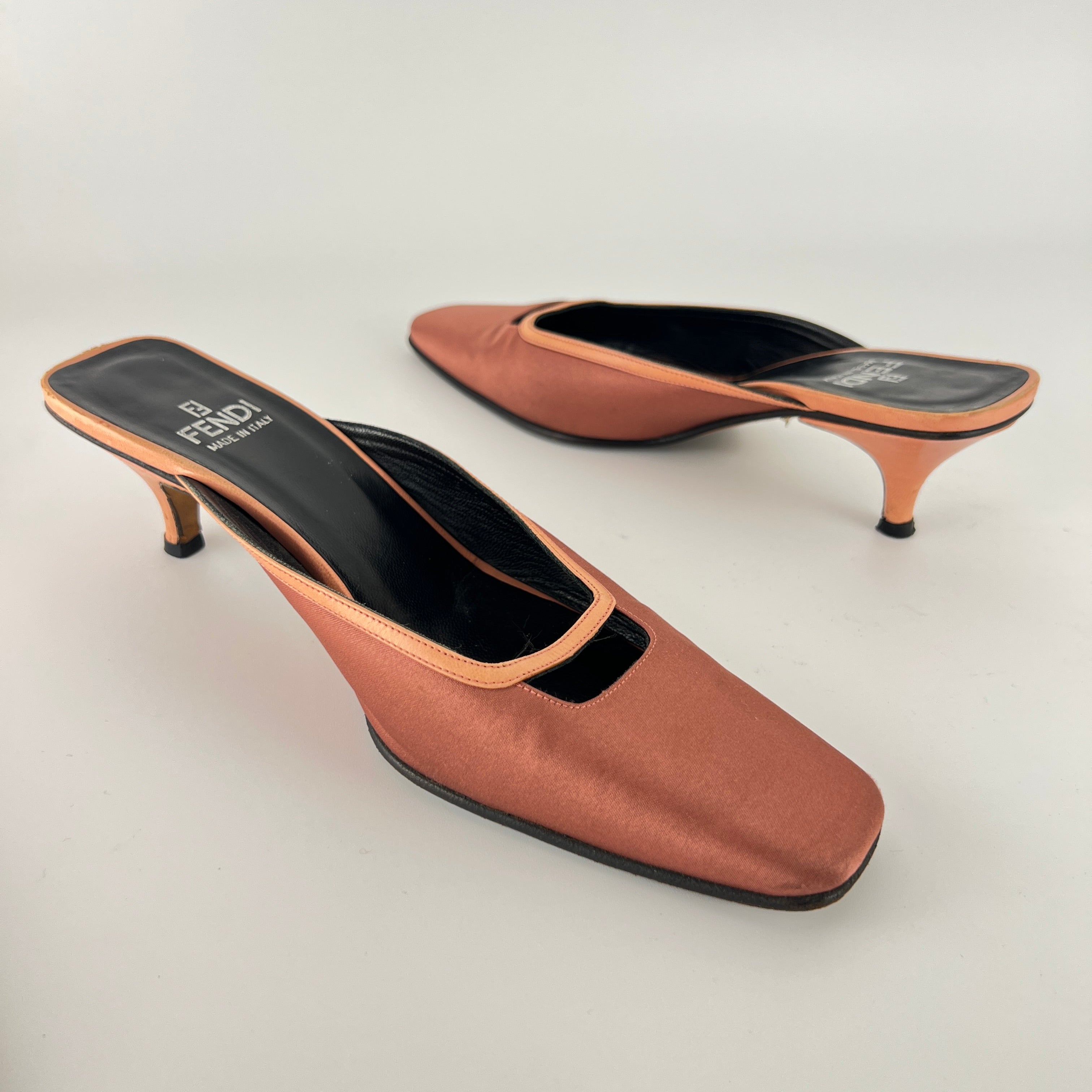 Fendi | Vintage Dusty Pink Satin Leather Trim Kitten Heel Slide Mules (36)