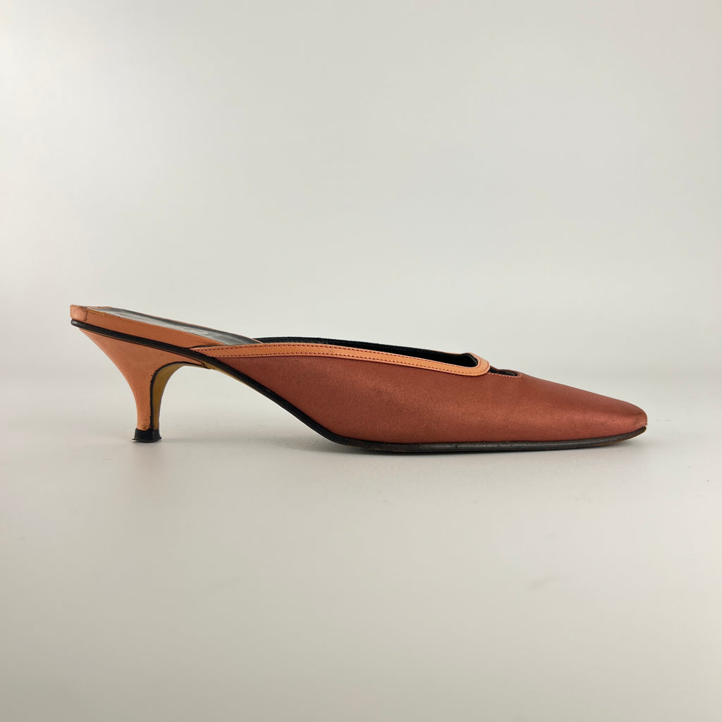 Fendi | Vintage Dusty Pink Satin Leather Trim Kitten Heel Slide Mules (36)
