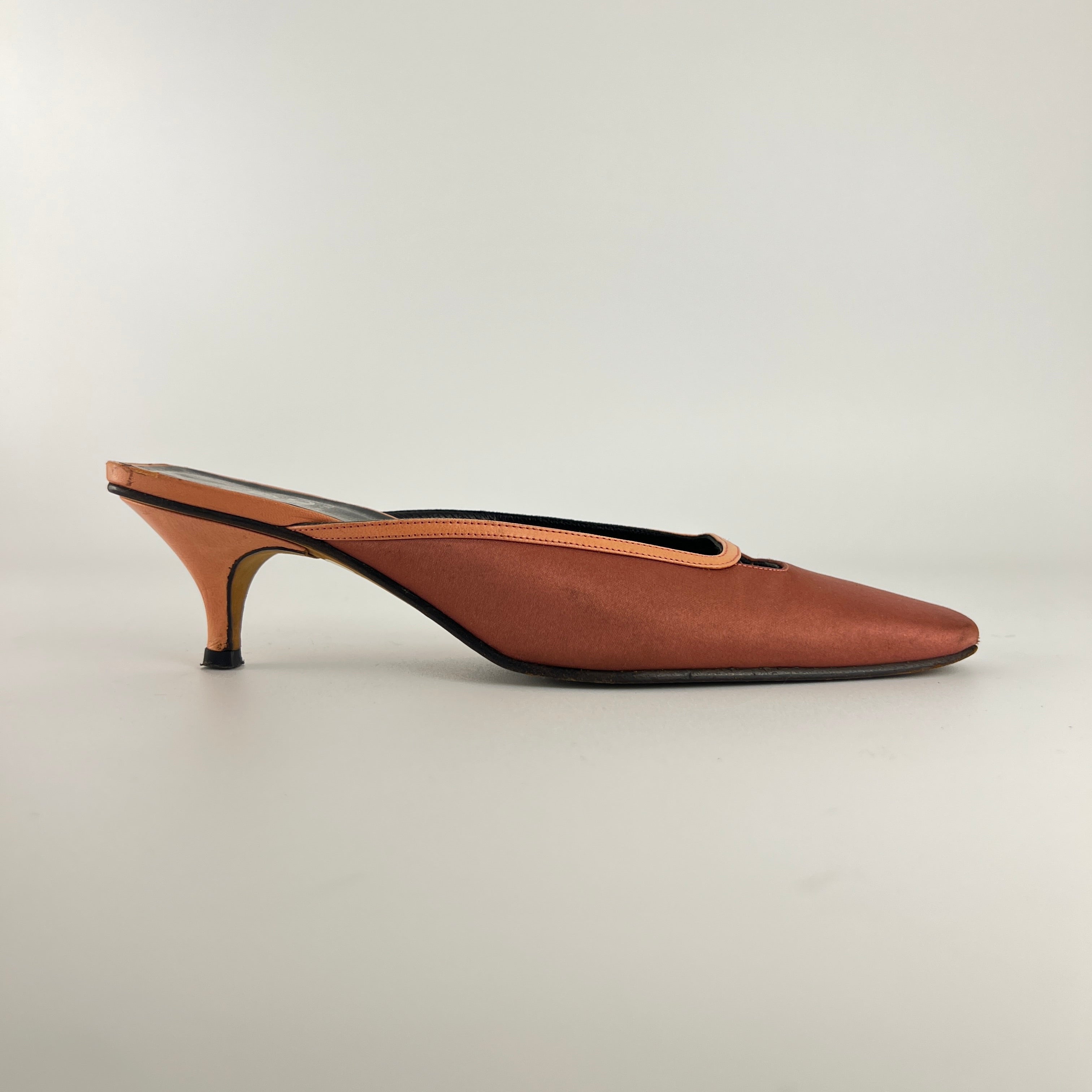 Fendi | Vintage Dusty Pink Satin Leather Trim Kitten Heel Slide Mules (36)