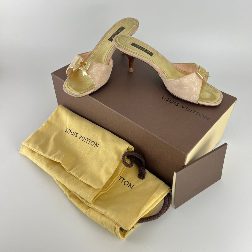 Louis Vuitton | Vintage Pink Monogram Canvas Gold Bow Slide Mules (35.5)