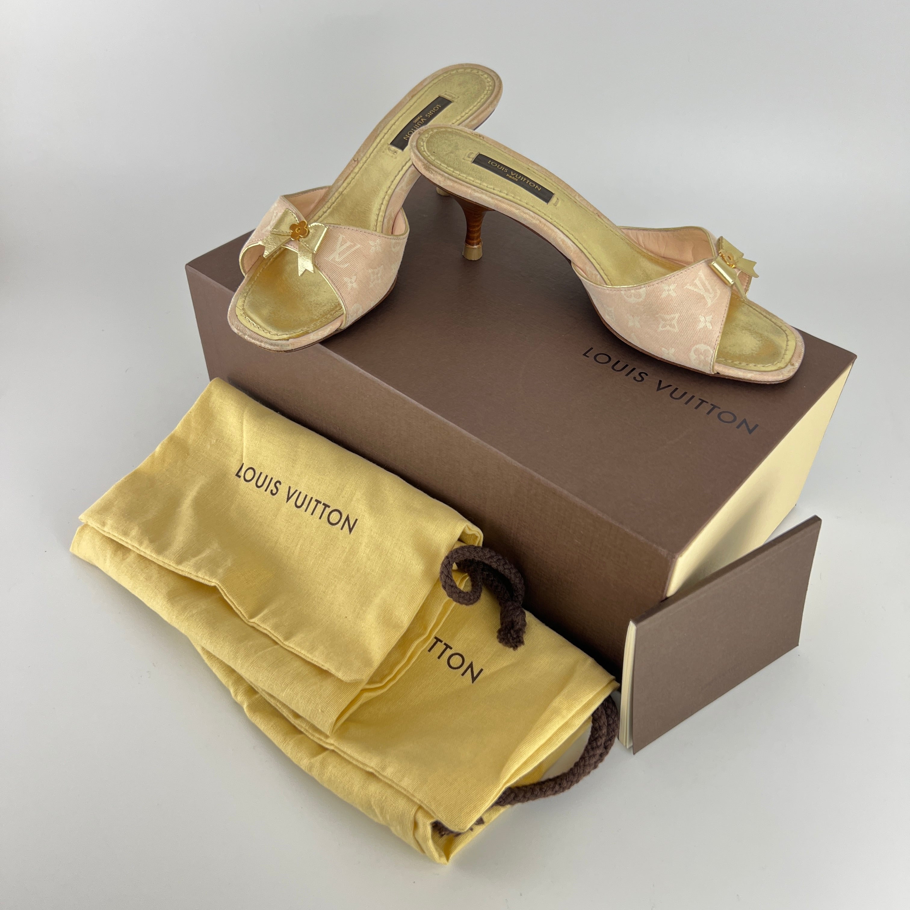 Louis Vuitton | Vintage Pink Monogram Canvas Gold Bow Slide Mules (35.5)
