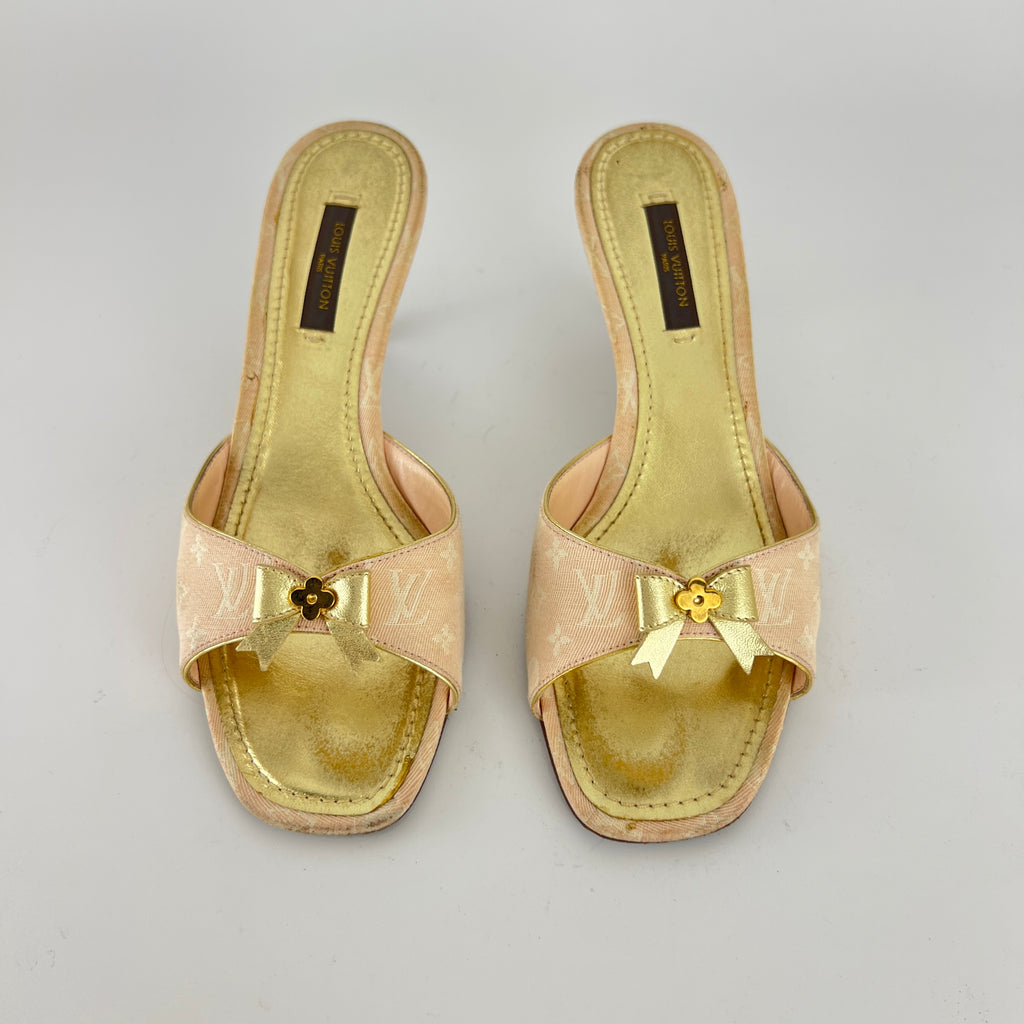 Louis Vuitton | Vintage Pink Monogram Canvas Gold Bow Slide Mules (35.5)
