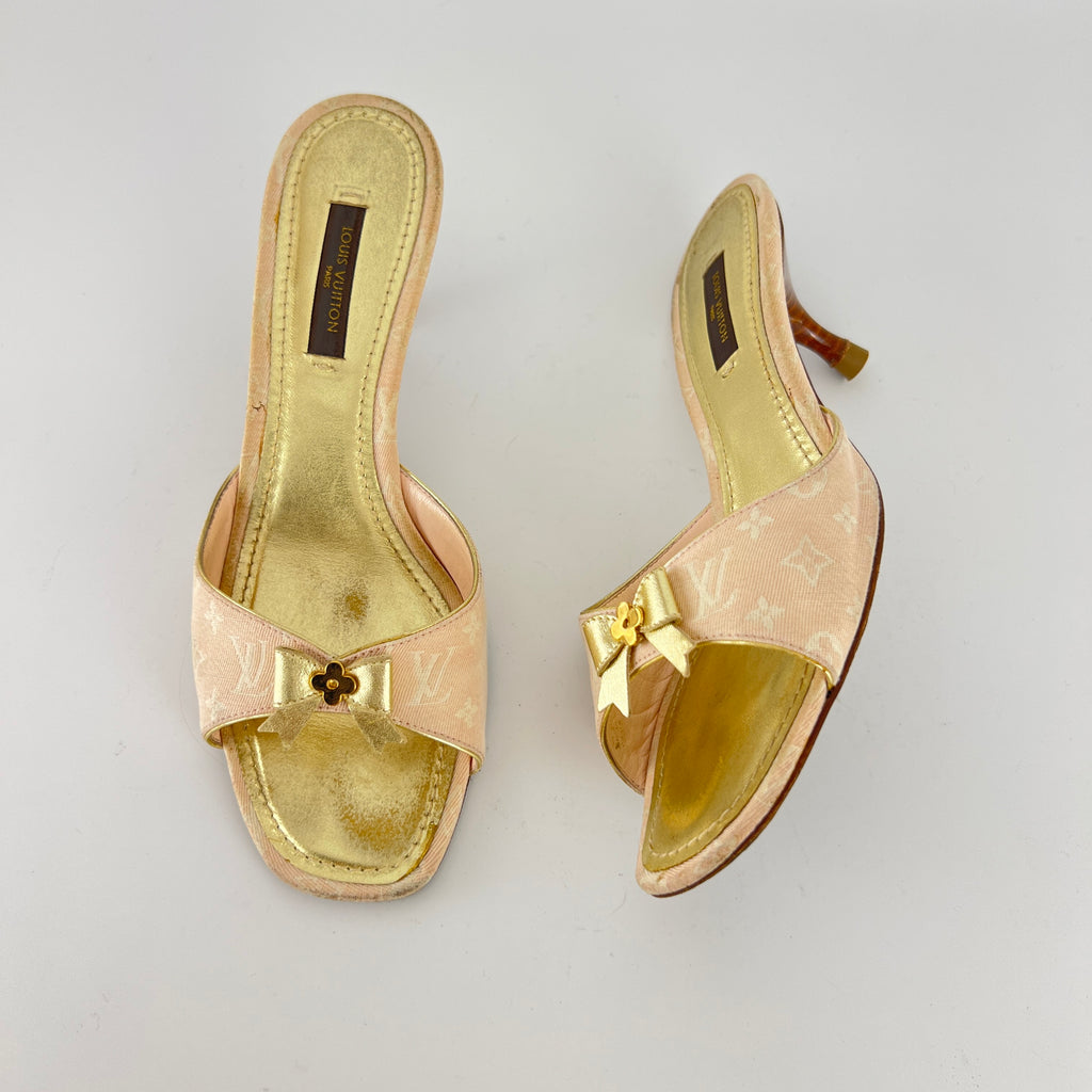 Louis Vuitton | Vintage Pink Monogram Canvas Gold Bow Slide Mules (35.5)